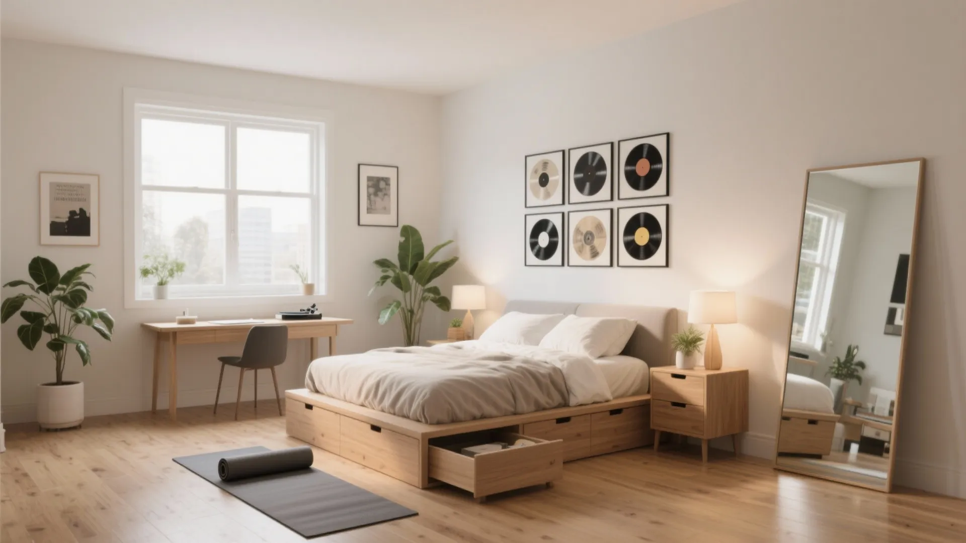 Light wood bedroom furniture set with bed storage drawers wooden desk and a large mirror
