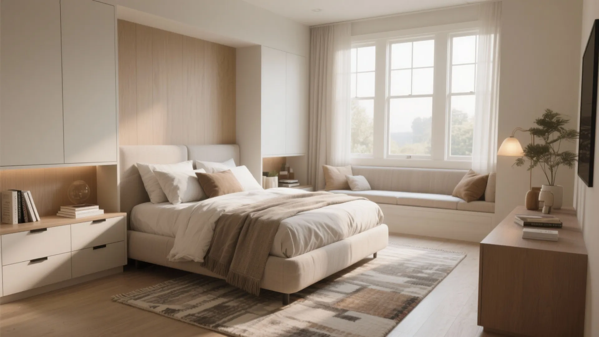 Modern bedroom with beige bed wood wall paneling window seat white cabinets and large rug