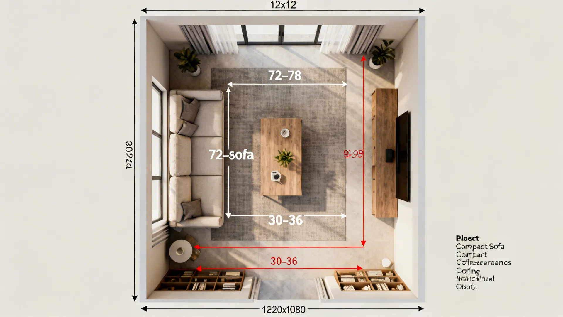 Top-down 12x12 living room floor plan showing recommended sofa size and circulation clearances.
