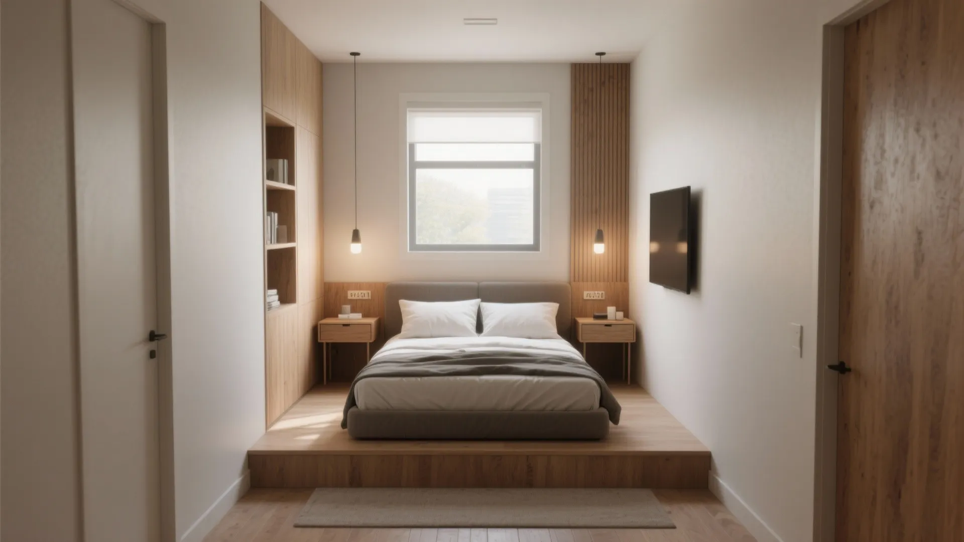 Compact 12x12 ft bedroom with a king bed and narrow nightstands showing limited but functional circulation.