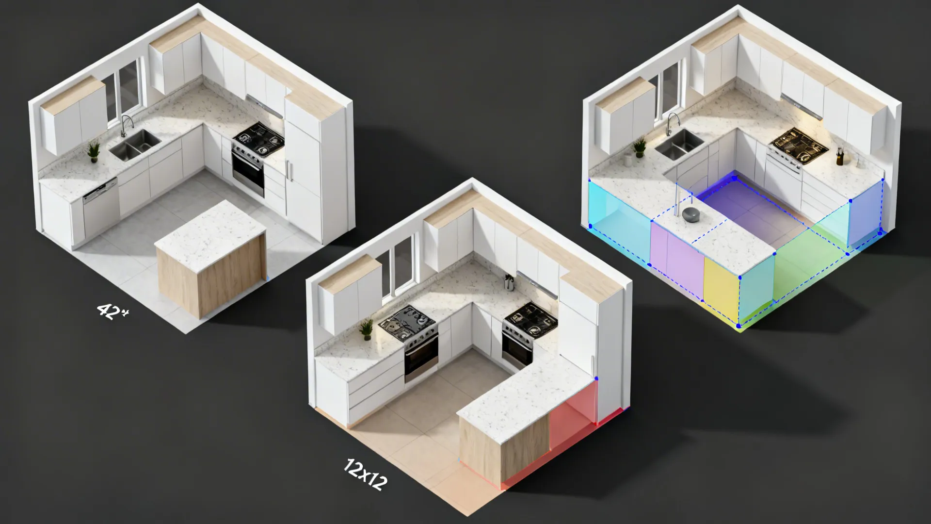 Top-down view comparing L-shaped, U-shaped, and galley 12x12 kitchen layouts.
