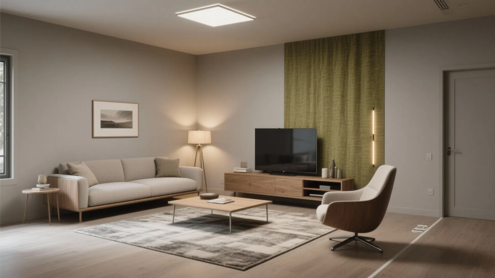 Modern living room with grey sofa armchair wooden coffee table television and green curtain wall