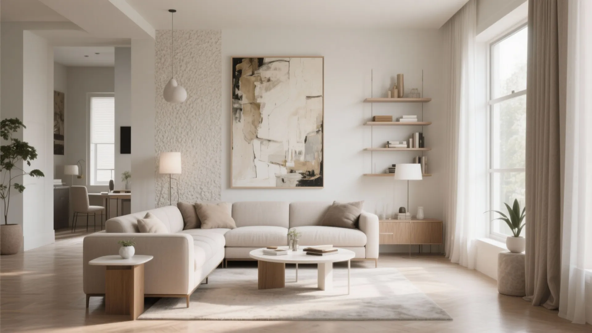 Modern open plan living room with cream sofa round coffee table large art and windows