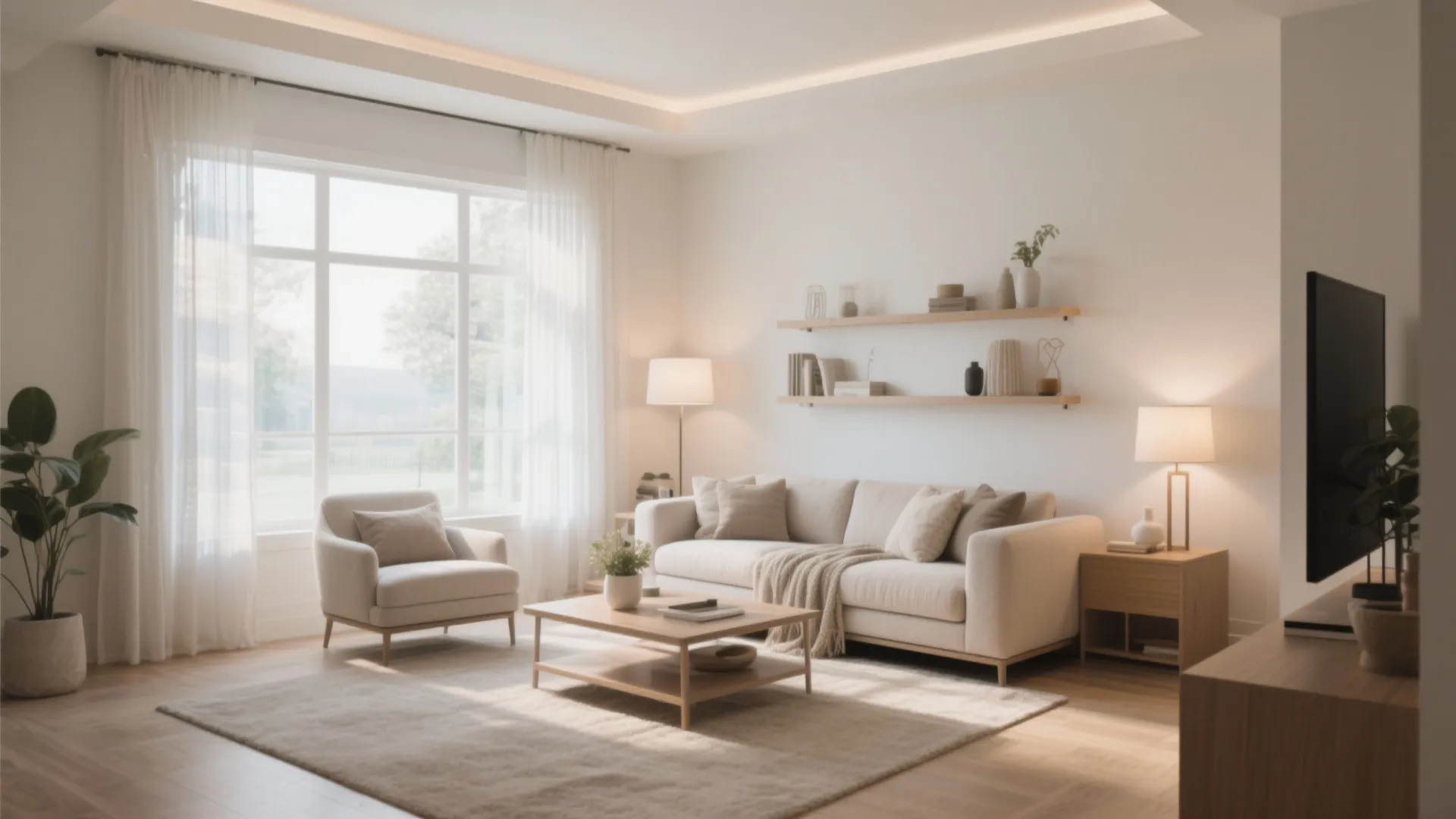 Modern bright living room with beige sofa armchair wooden coffee table large windows and natural light