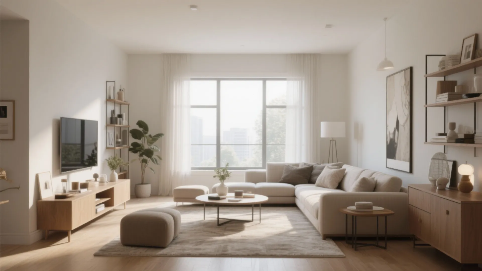 Modern living room with cream sofa, wooden coffee table, large window, TV stand, and plants