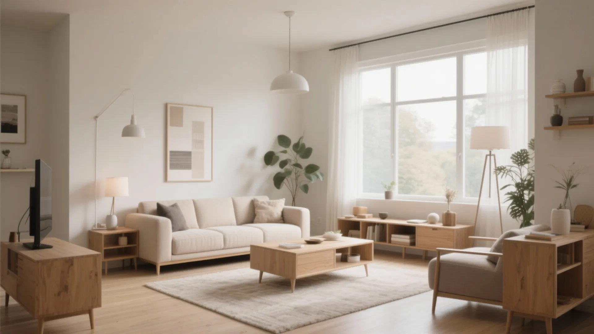Bright living room with light sofa coffee table wooden furniture ceiling light and large windows