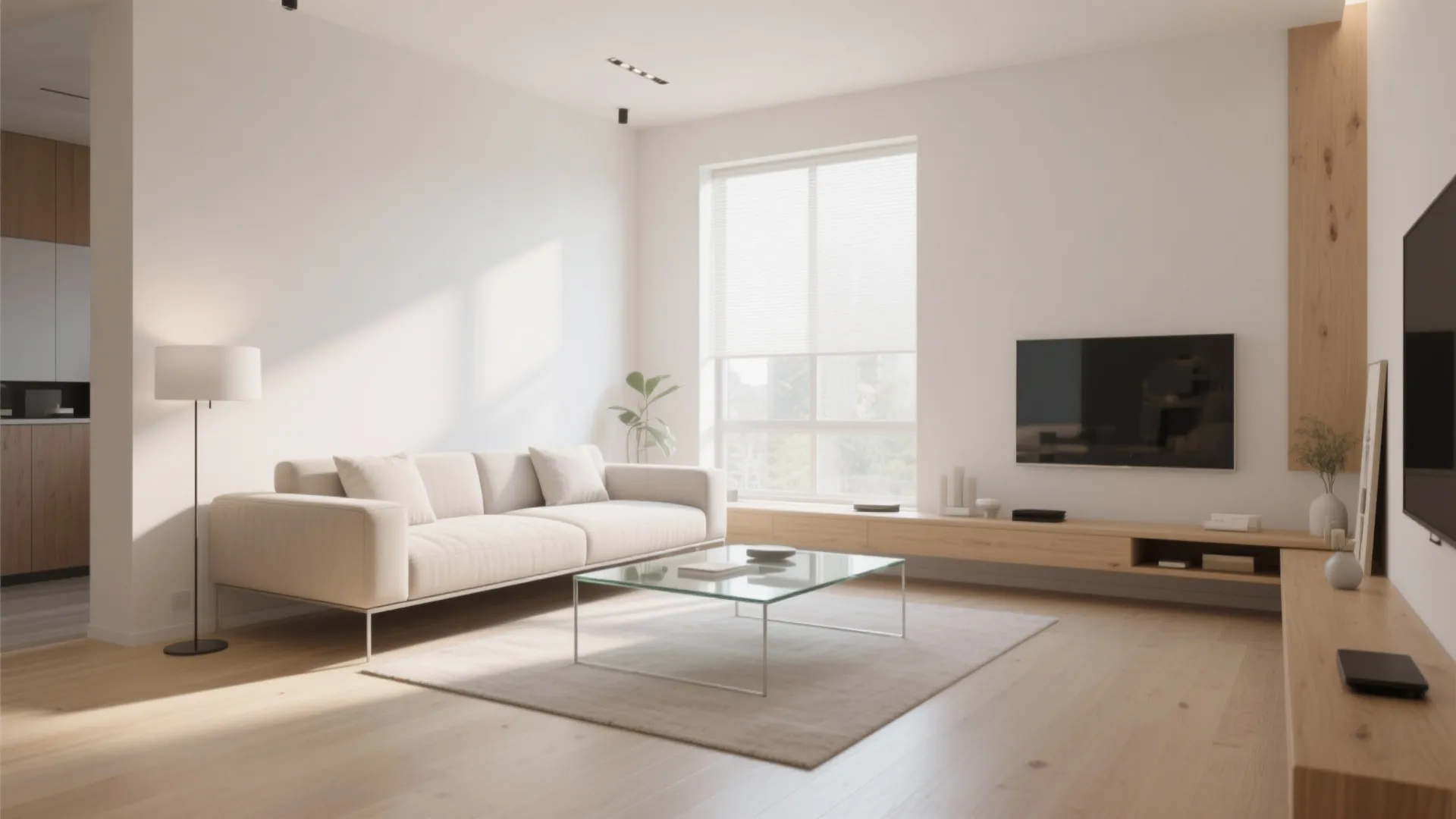 Bright living room featuring cream sofa glass table wooden cabinet television and large bright window