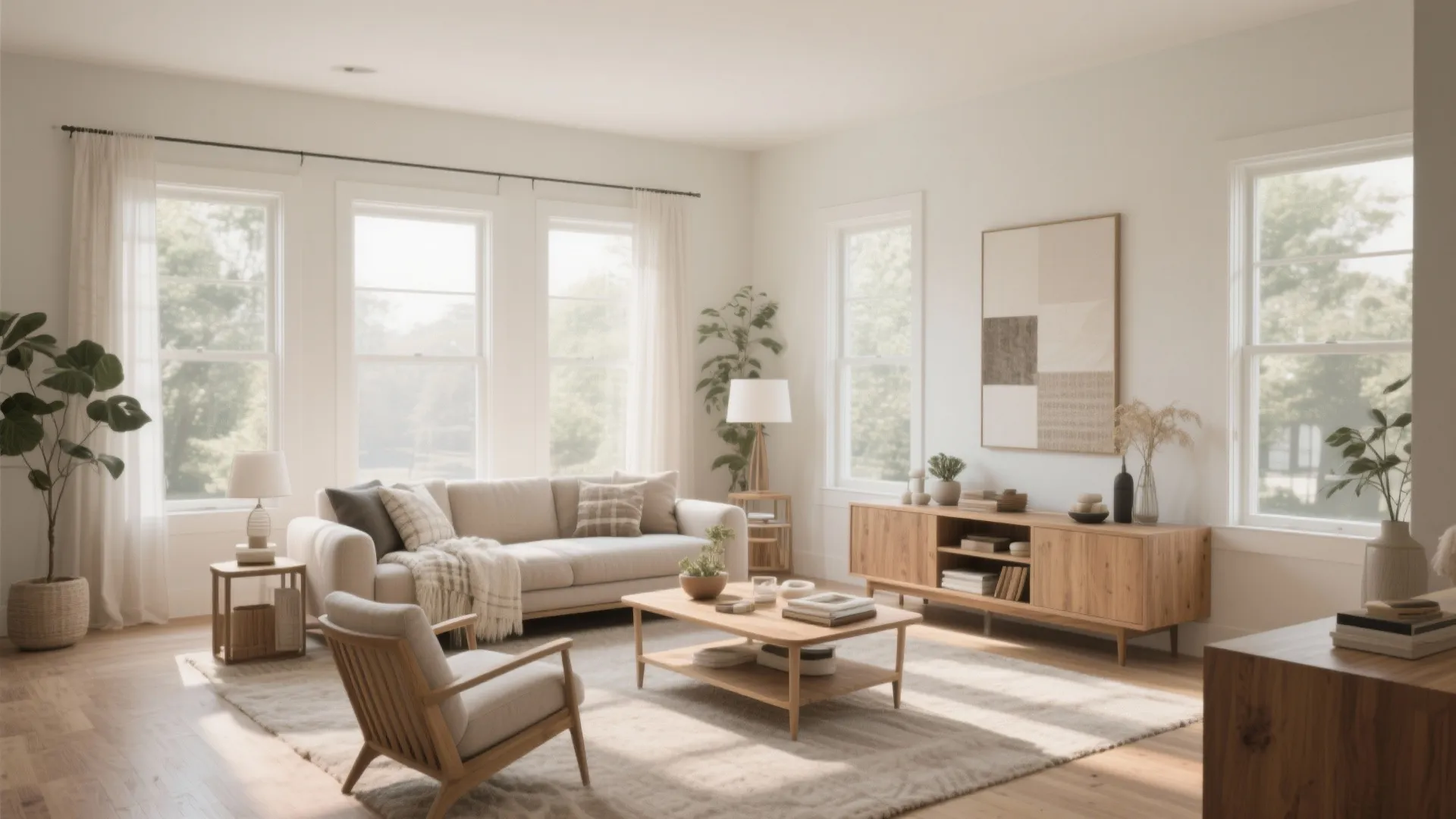 Bright living room featuring beige sofa, wooden coffee table, cabinet, large windows, and indoor plants
