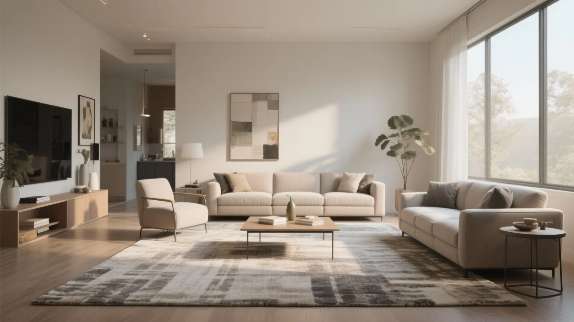 Modern bright living room featuring a large patterned rug cream sofas and warm wooden floor
