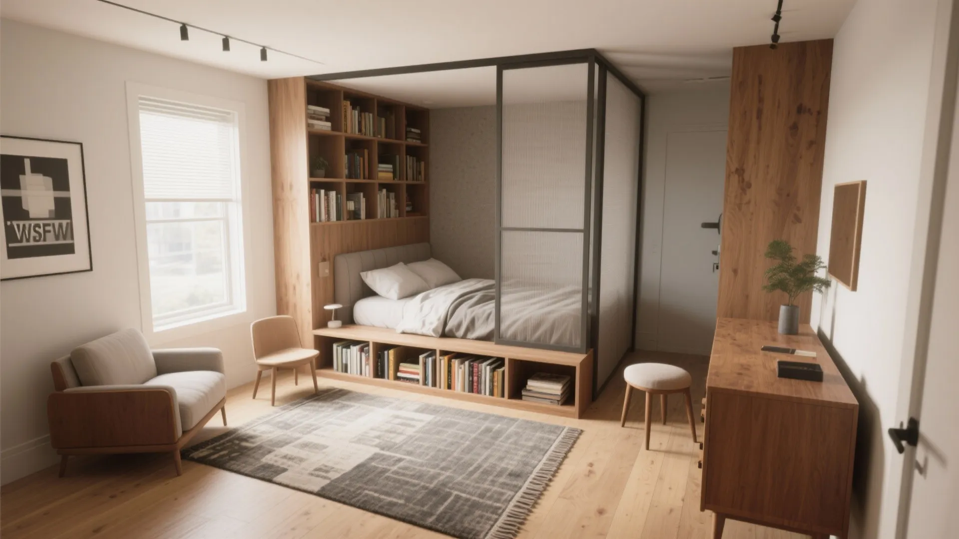 5. Studio-style single-room sleeping area in 12 x 14 ft