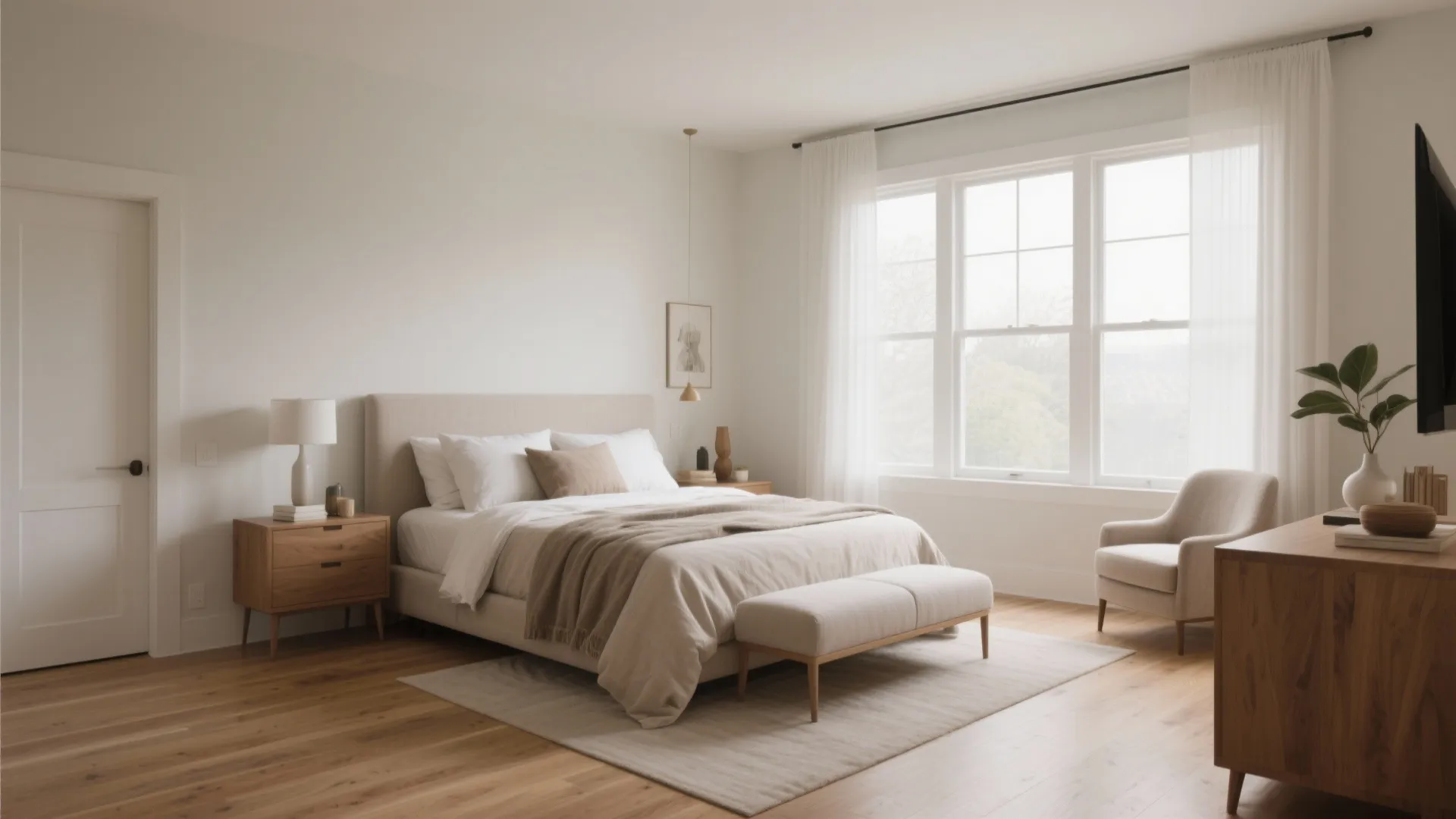 Modern minimal bedroom with beige bed footrest armchair large windows white curtains and wood flooring