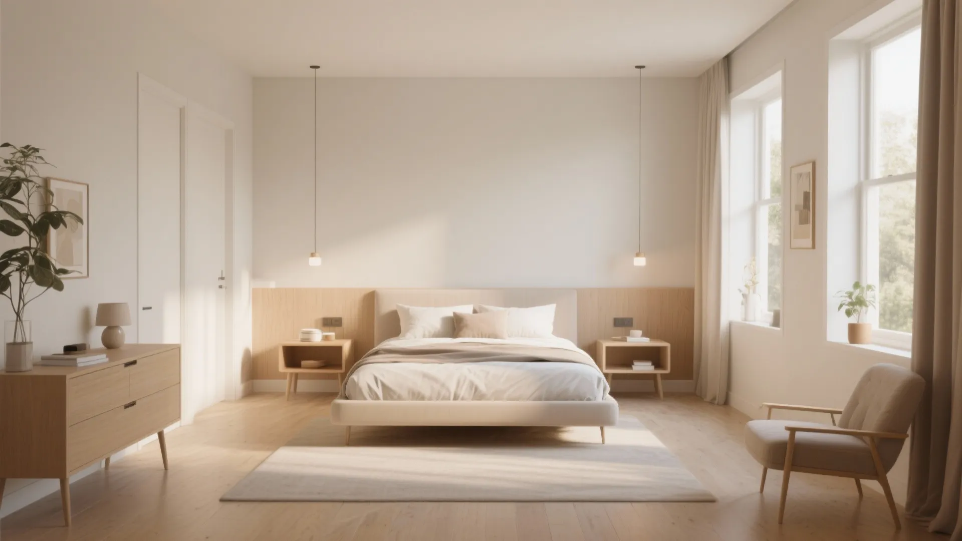 Minimalist bedroom interior design showing white bed wooden wall panel bedside tables armchair and large windows