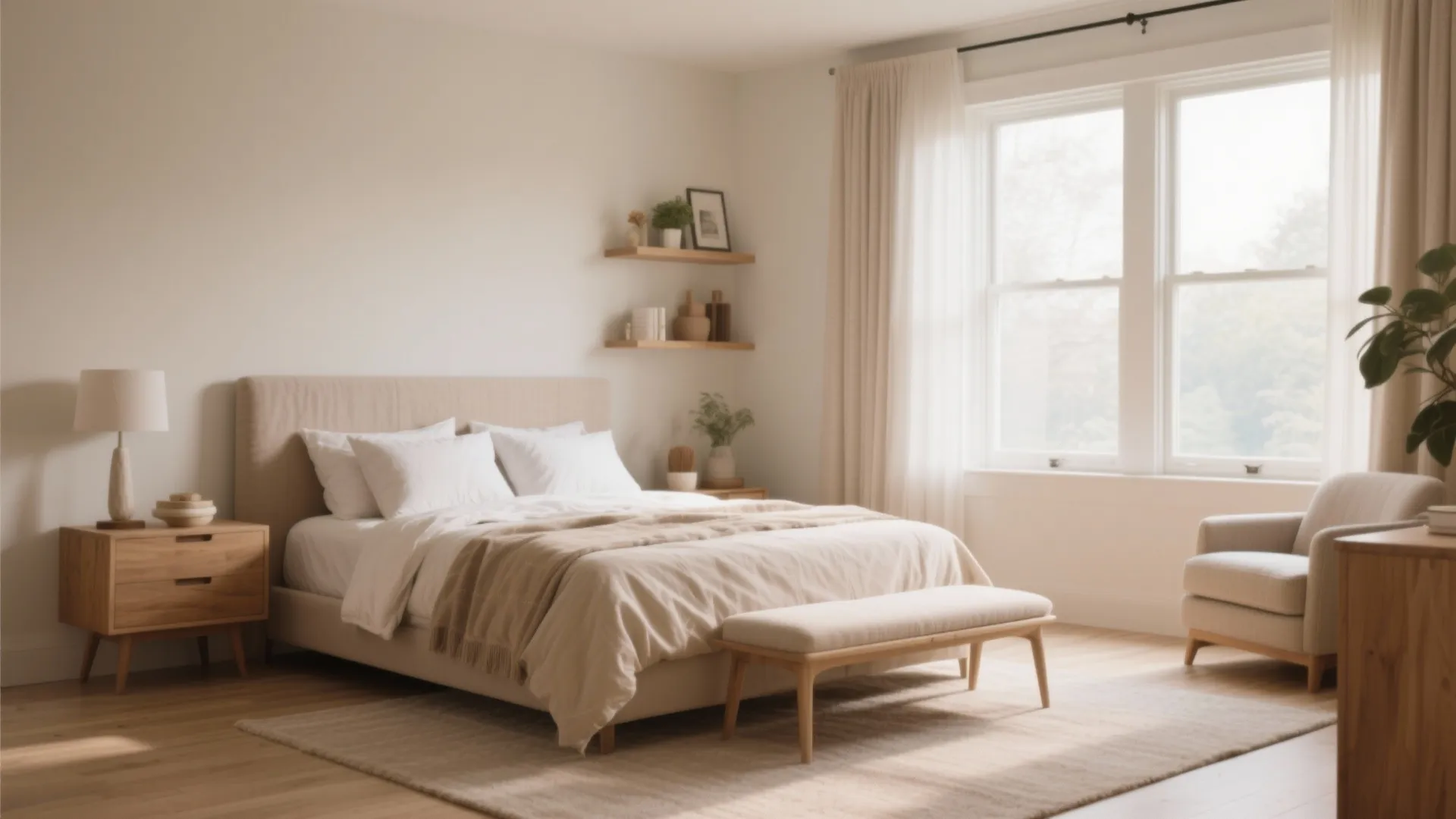 Cozy bedroom with wooden furniture including a bed footrest armchair side table and wall shelves