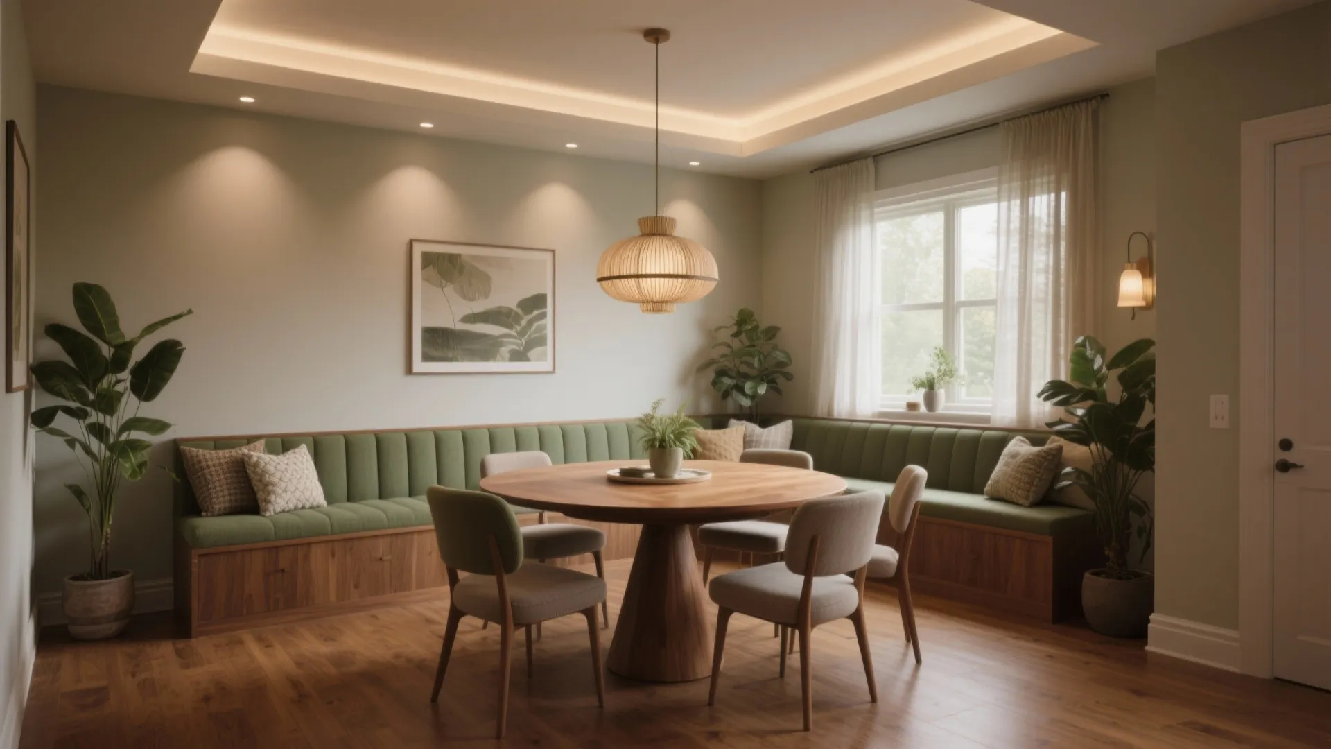 Modern dining room with round wooden table green bench seating wall light and ceiling light