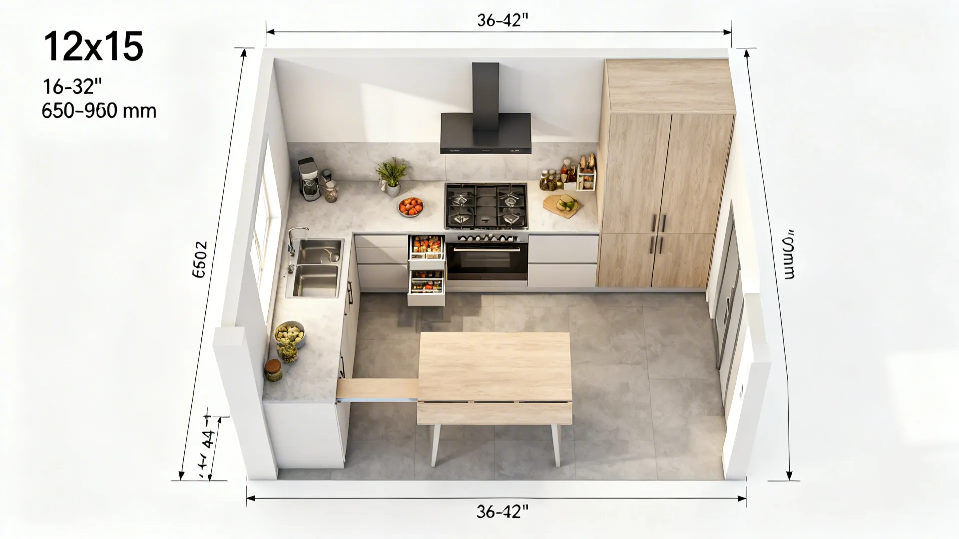 Top down interior design drawing of a small kitchen showing layout measurements and furniture placement