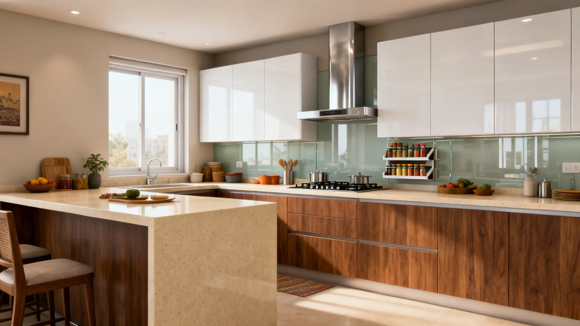 Modern kitchen with white upper cabinets wood lower cabinets large island and stainless steel hood