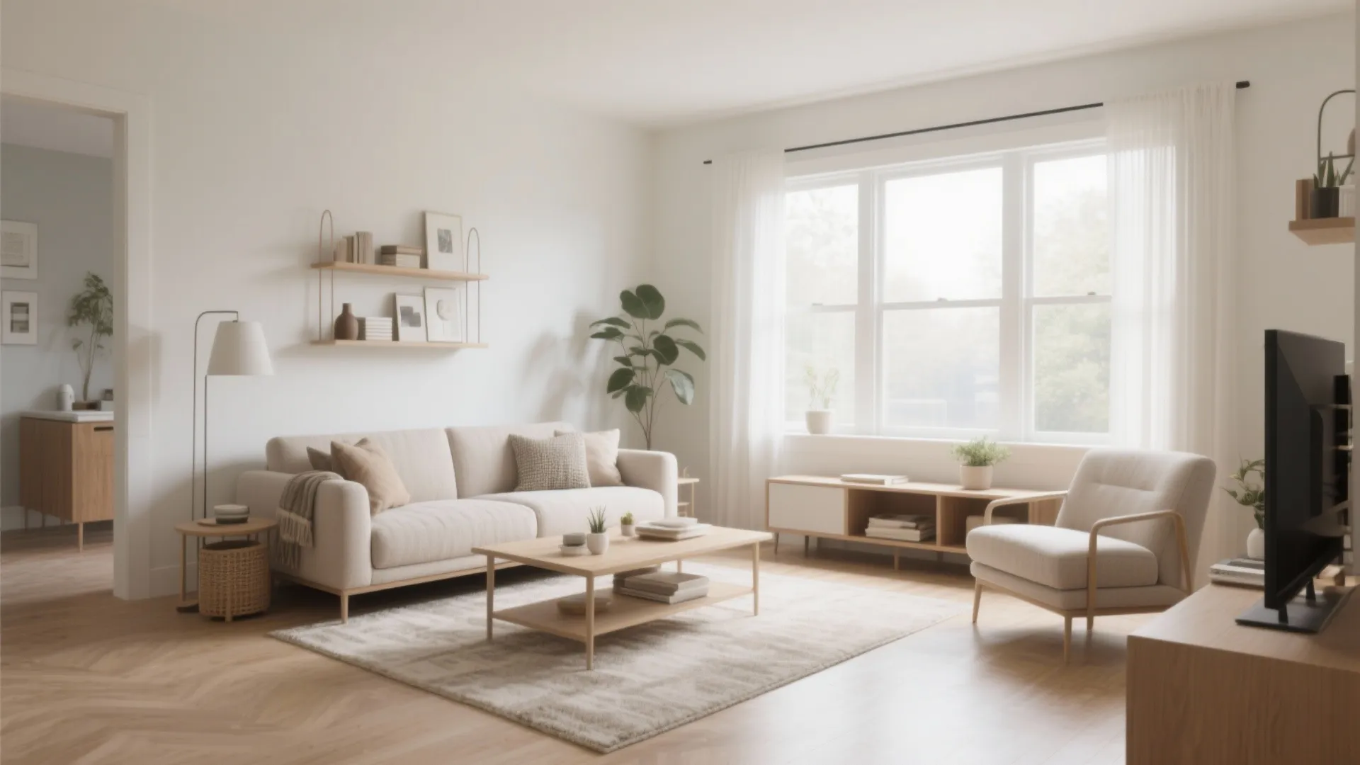 Cozy living room with beige sofa armchair wooden coffee table wall shelves and white curtains
