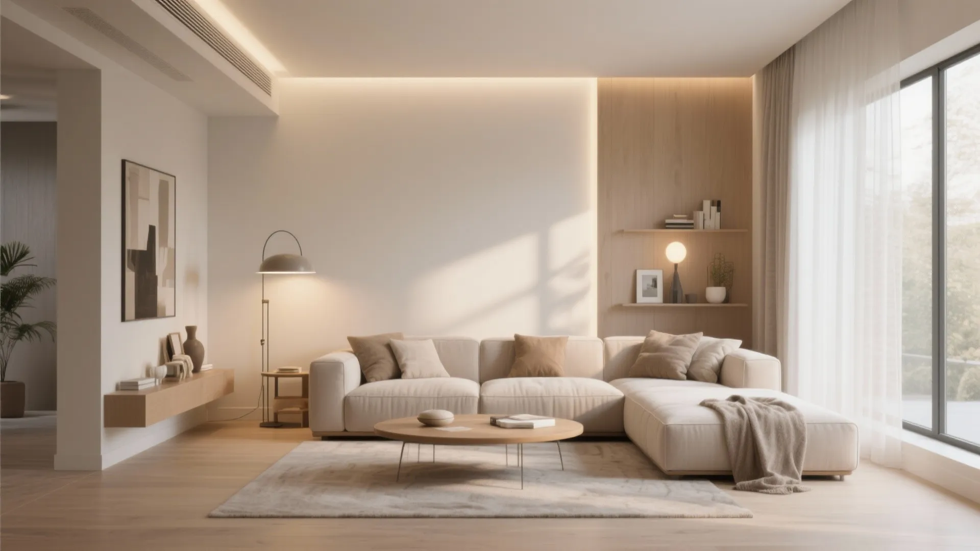 Minimalist living room design with cream sofa round wooden coffee table and warm wall lights