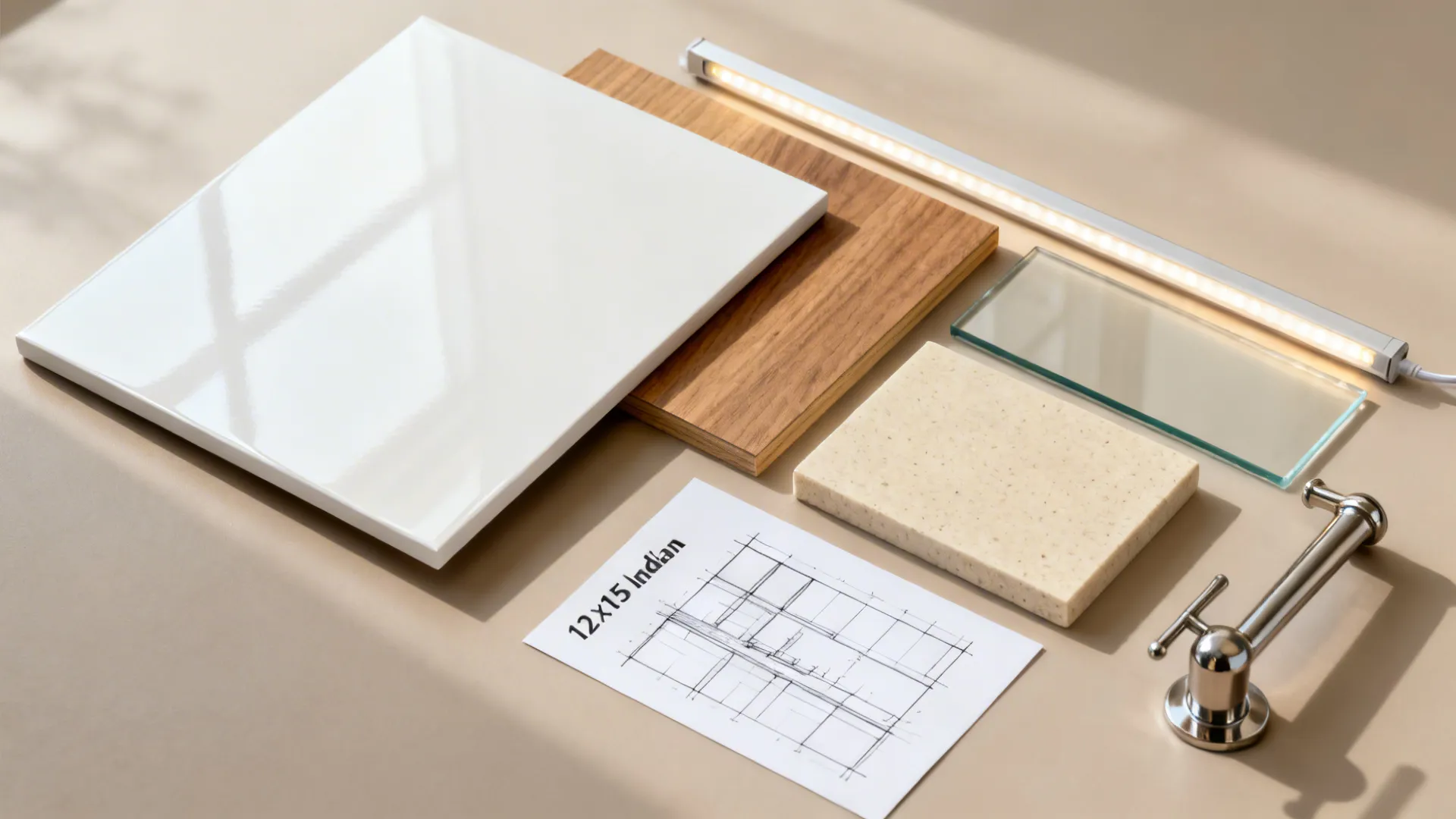 Interior design material board with tile wood glass stone light fixture handle and floor plan