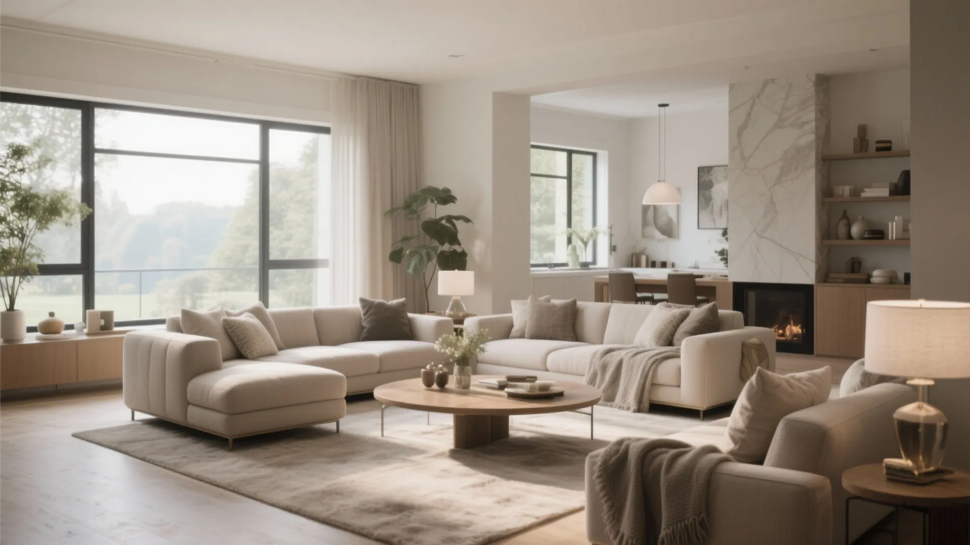 Modern open living room with cream sofa coffee table fireplace large windows and natural light