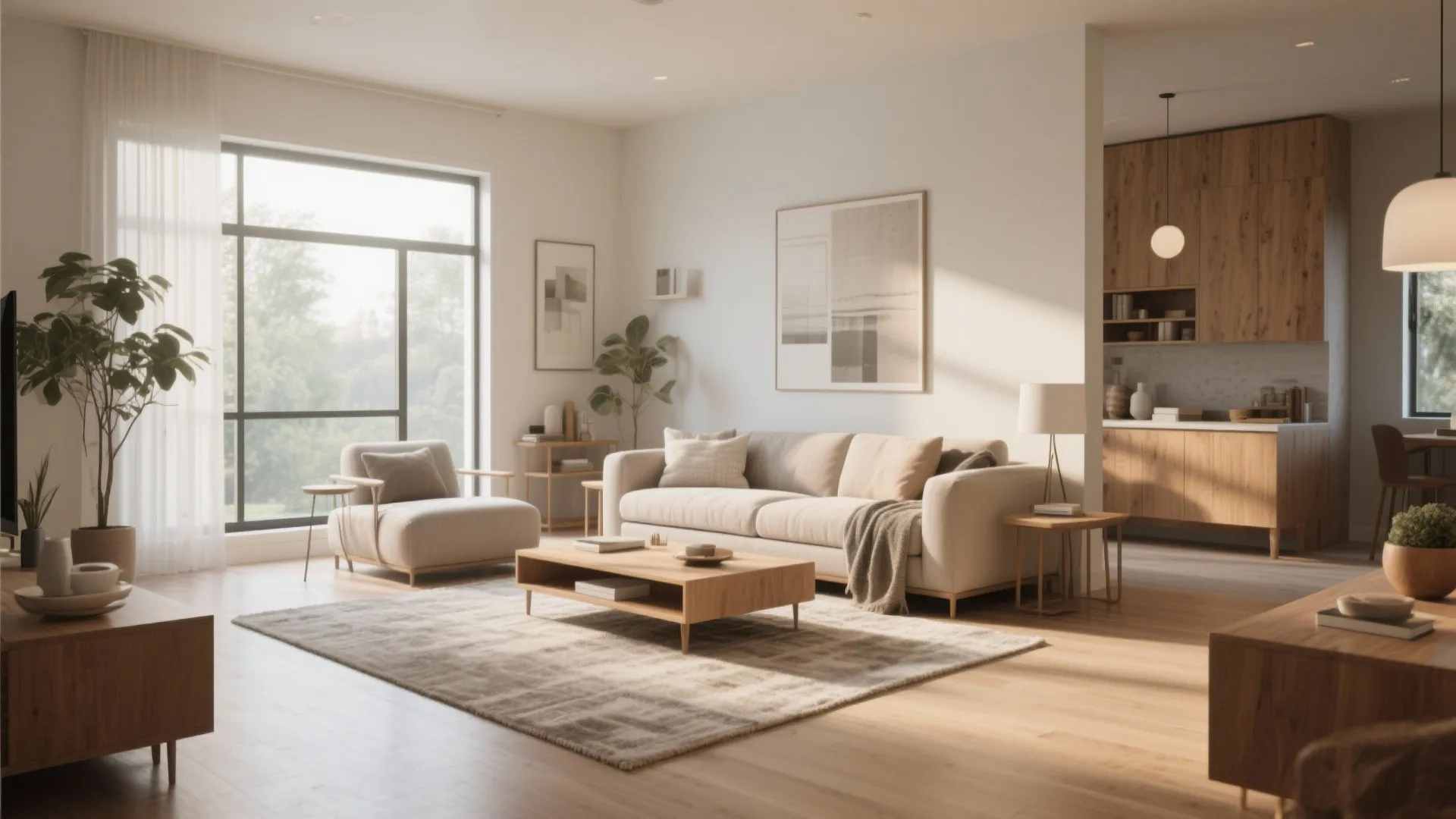 Modern warm living room with beige sofa wood coffee table rug and kitchen cabinets in background