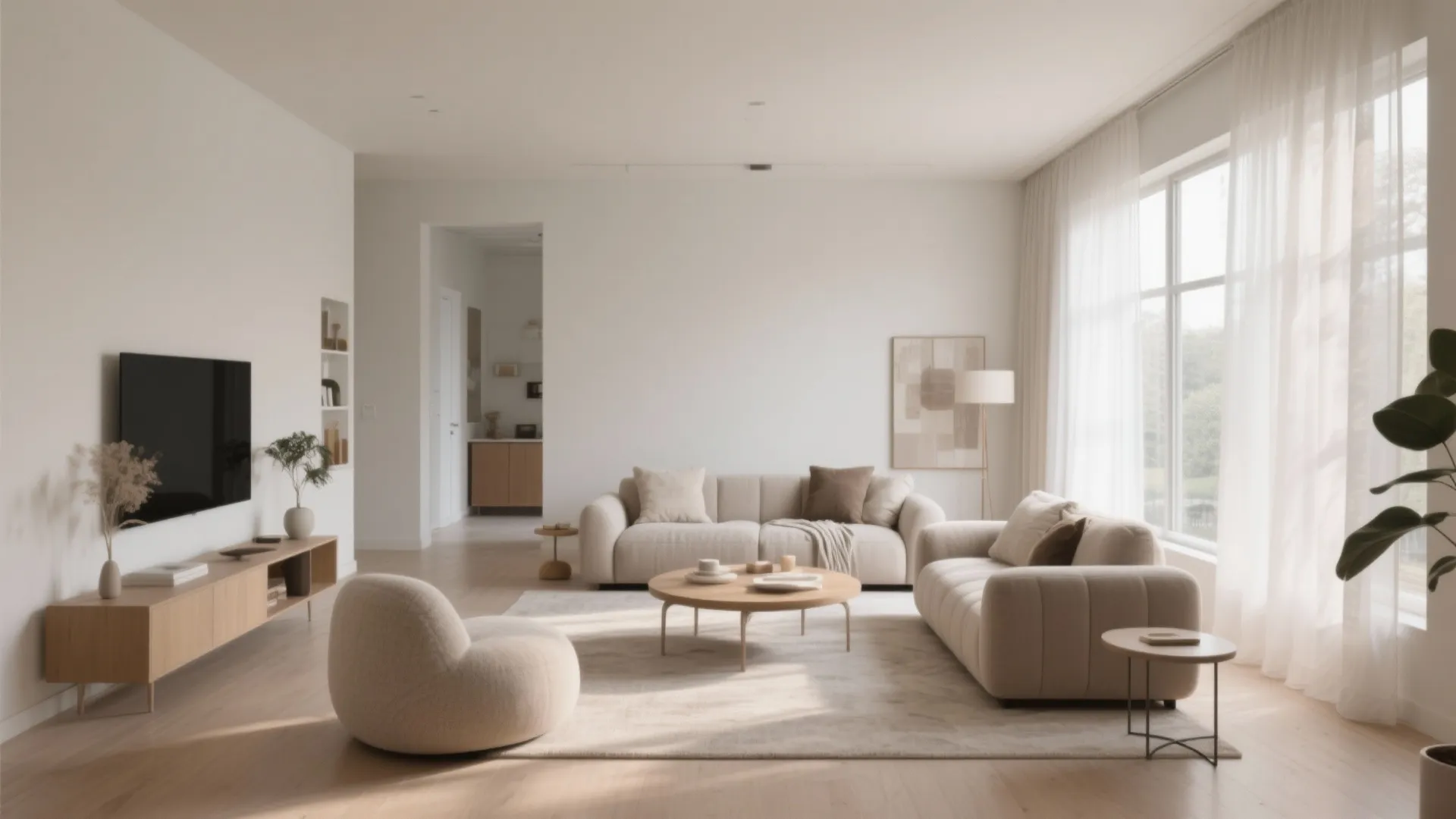 Minimalist living room with beige sofas, wooden coffee table, large windows, and soft natural light