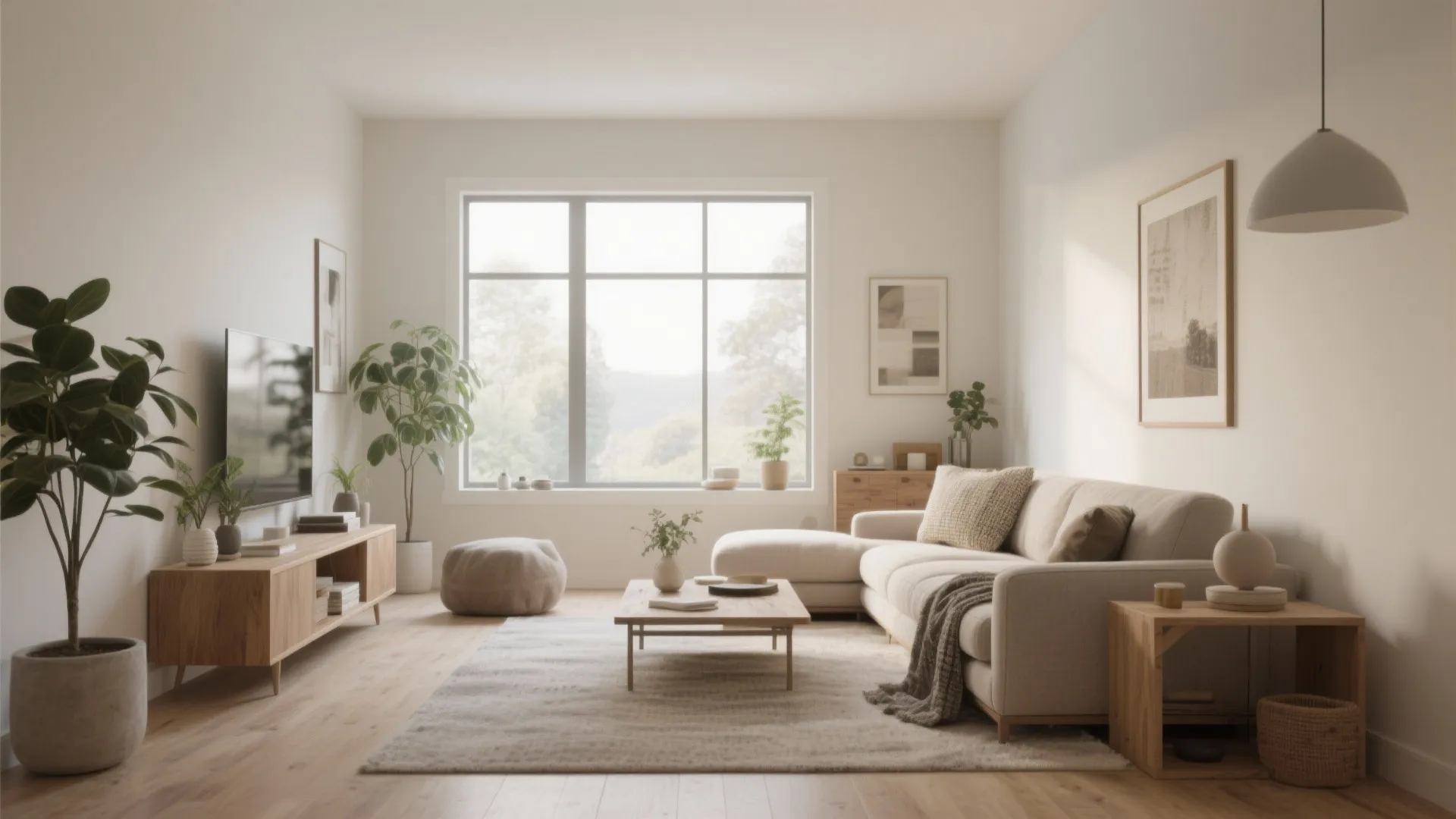 Cozy living room interior design with wooden TV stand white sofa green plants and light