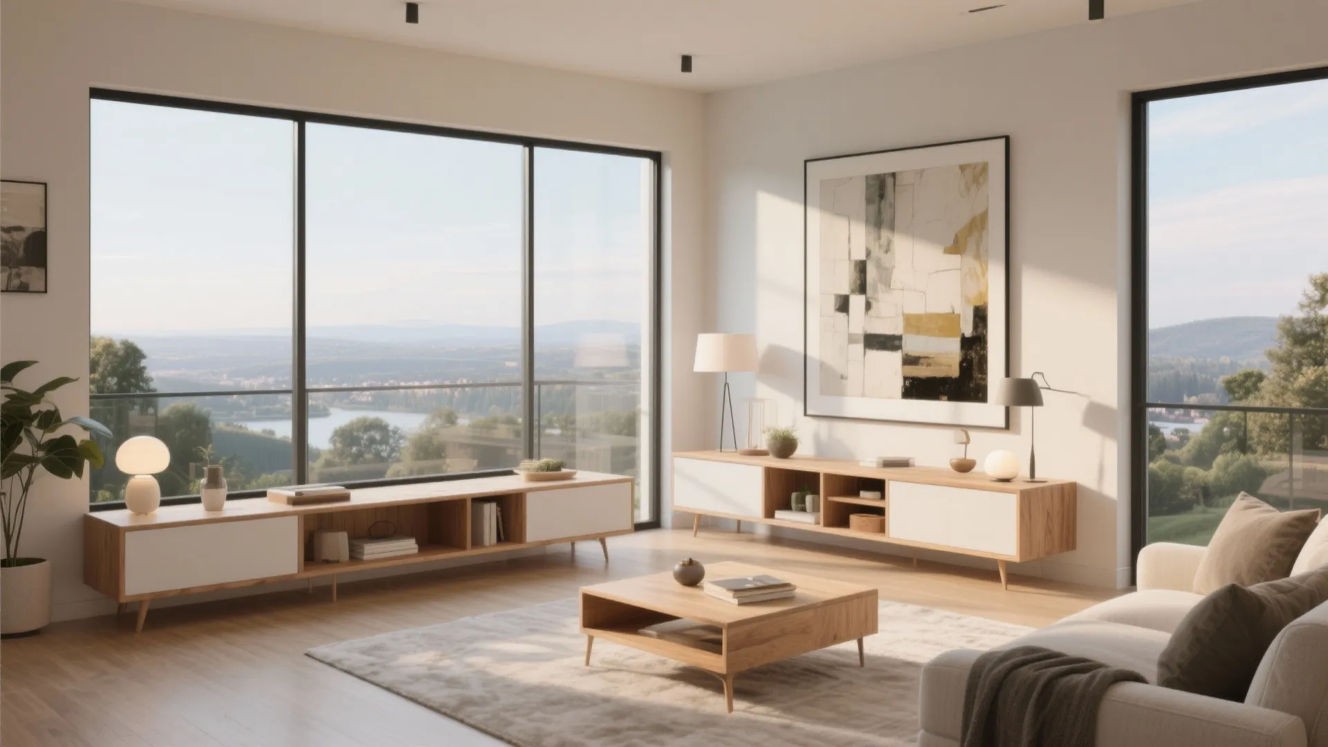 Modern bright living room with large glass windows wooden cabinets white sofa and a grey rug