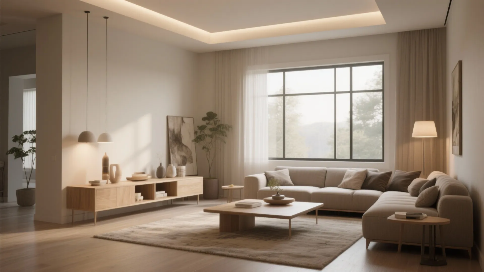 Minimalist living room layout with large window, wooden cabinet, corner sofa, and warm indoor lighting