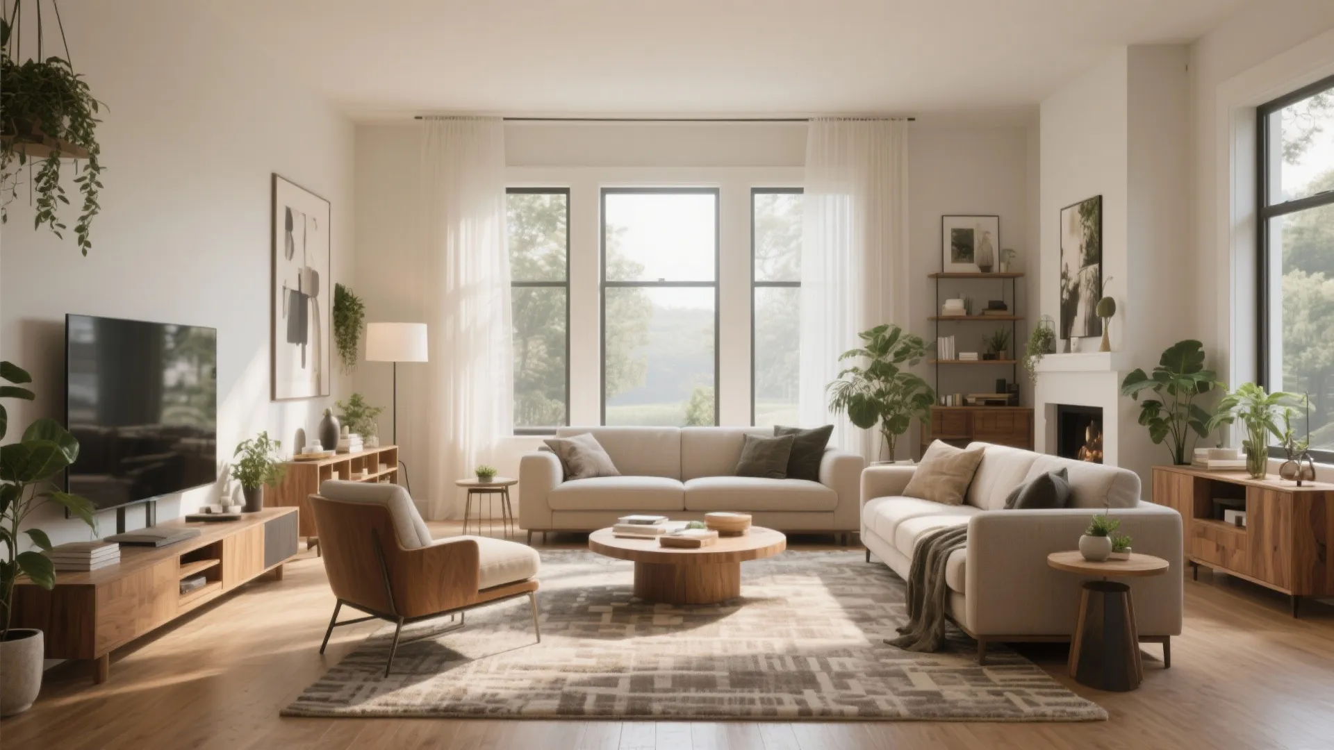Modern bright living room interior design with beige sofas wooden coffee table and big windows