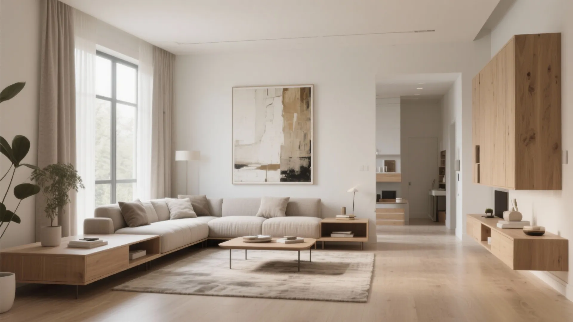 Minimalist living room with a large sofa wooden cabinets wall art and a big window