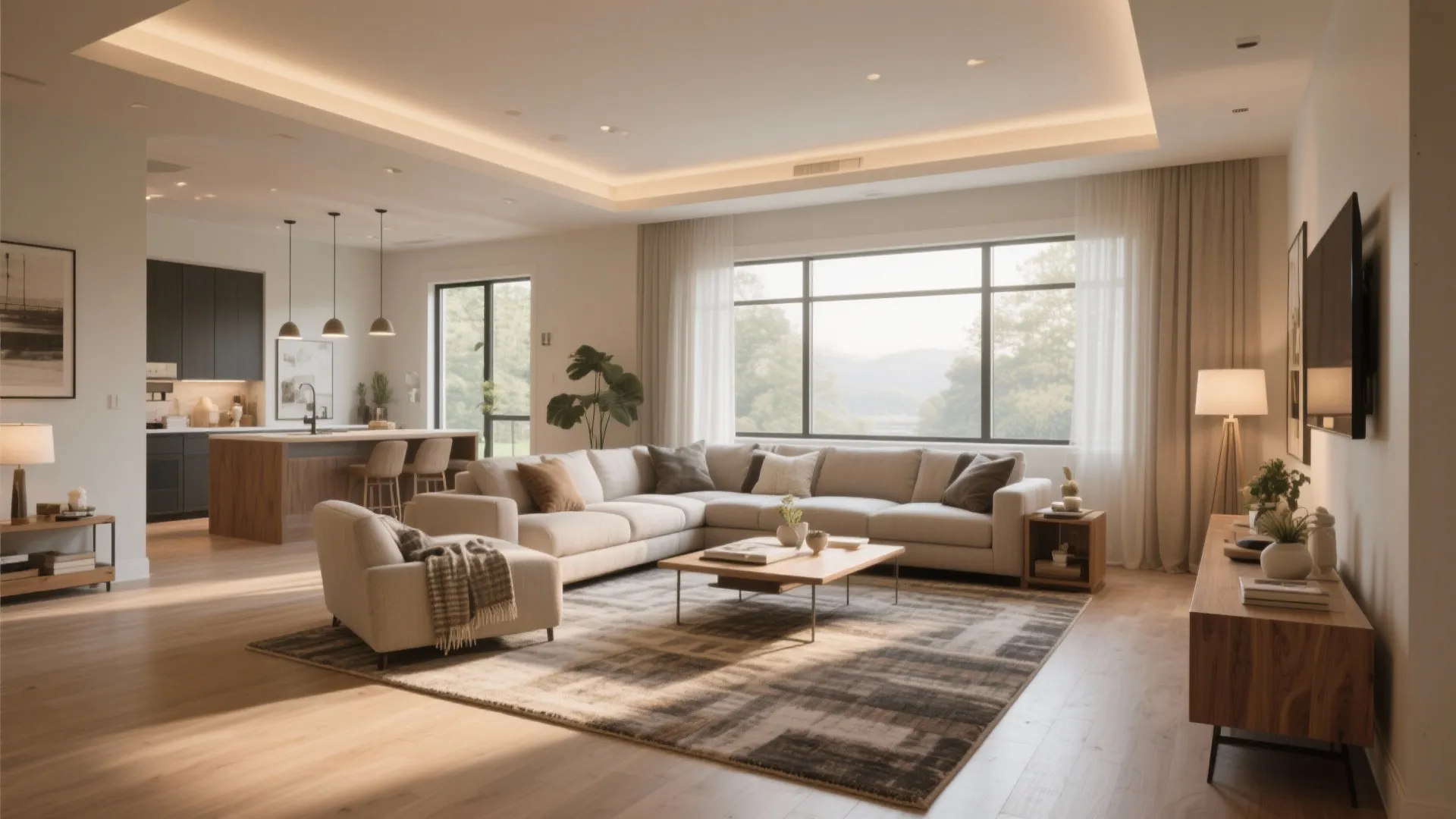 Spacious modern living room with large corner sofa wooden cabinet and open plan kitchen view