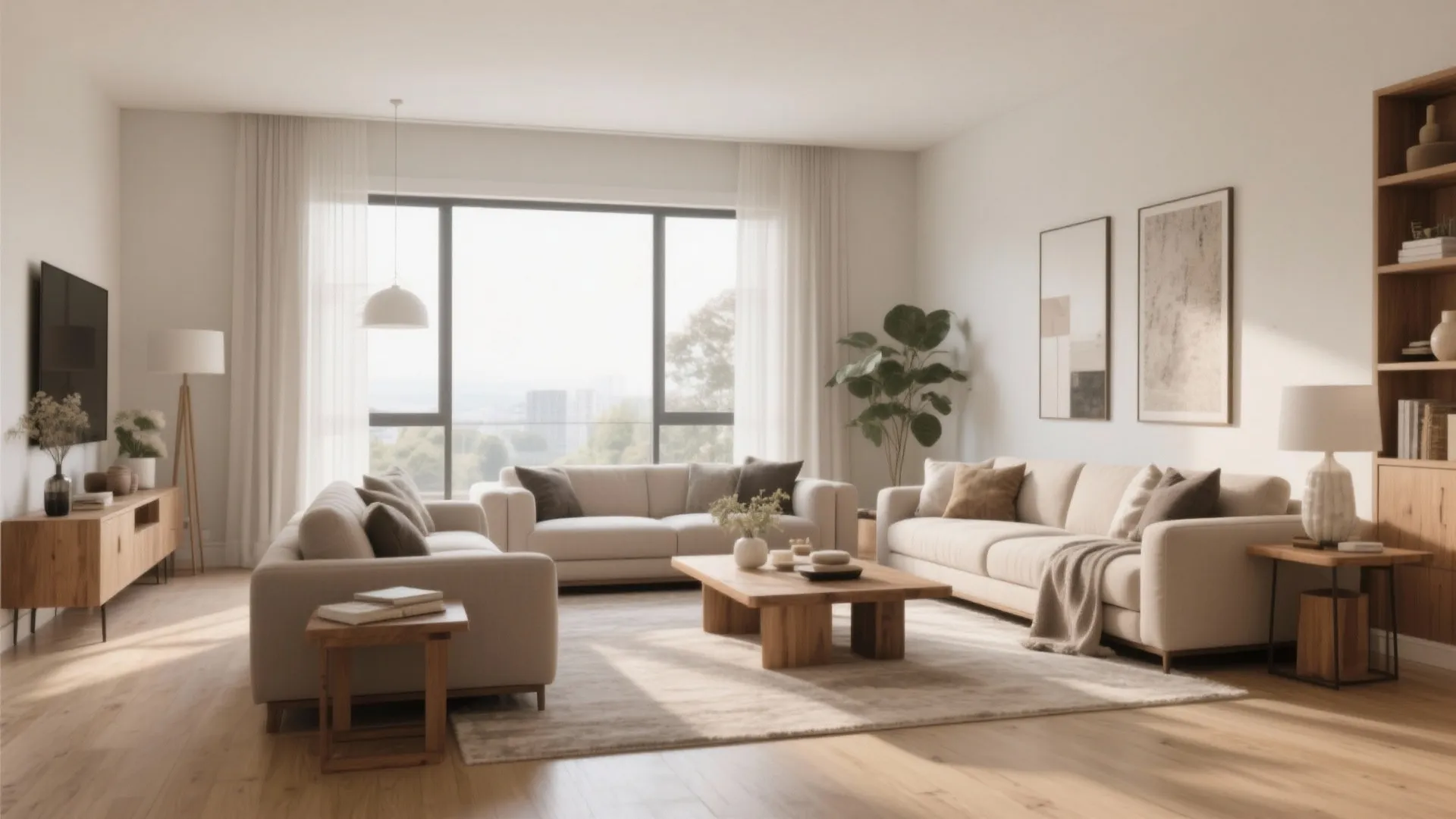 Modern bright living room with large beige sofas wooden coffee table and big window view