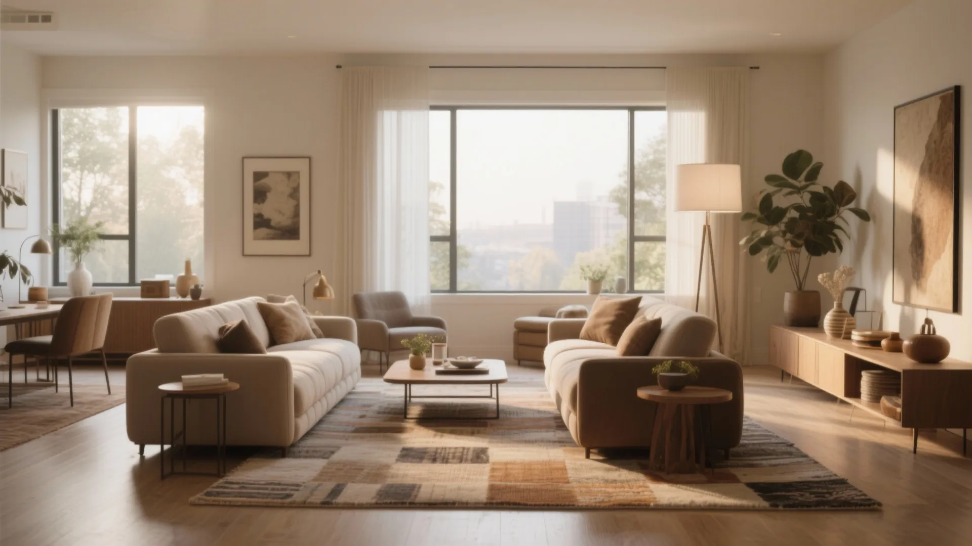 Modern living room with two cream sofas, wooden coffee table, patterned rug, and large garden windows