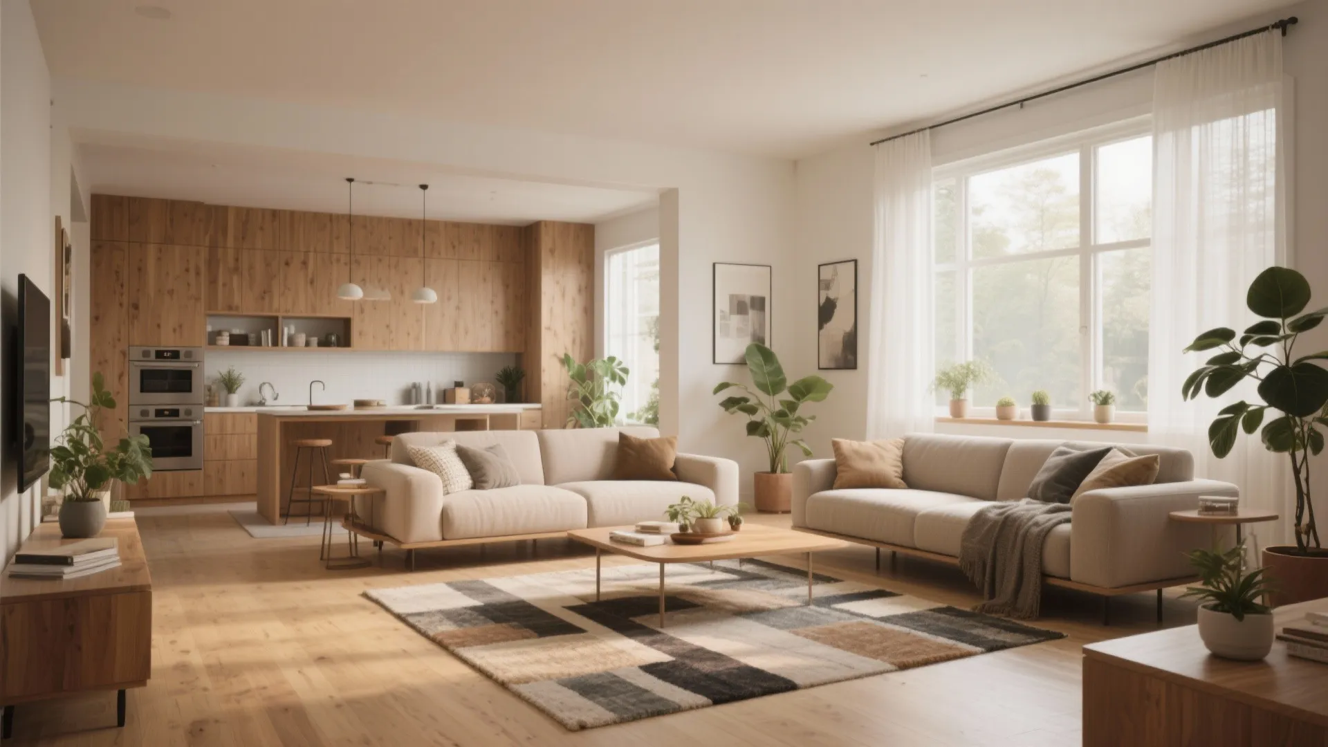 Open plan living room with cream sofas and wooden kitchen cabinets in a bright home