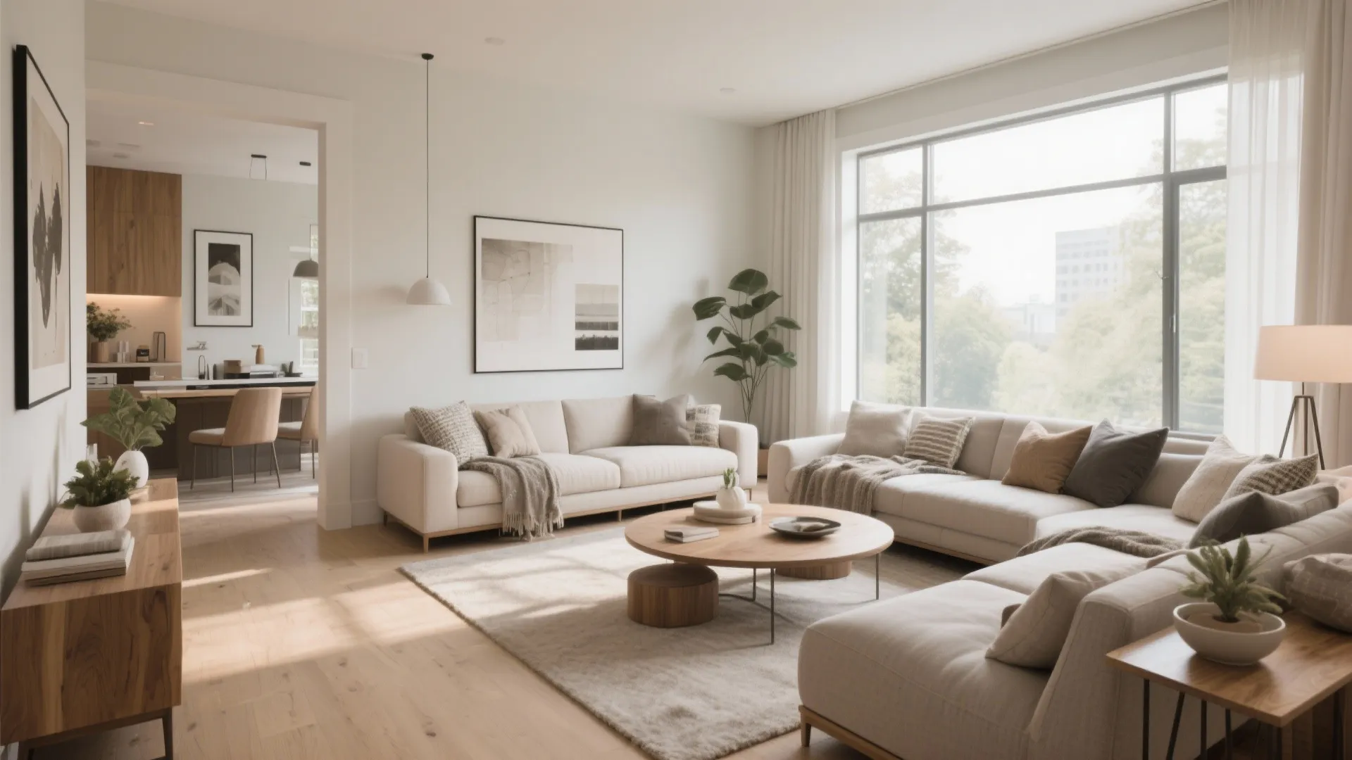 Modern open living room with cream sofa wooden coffee table large windows and neutral wall art