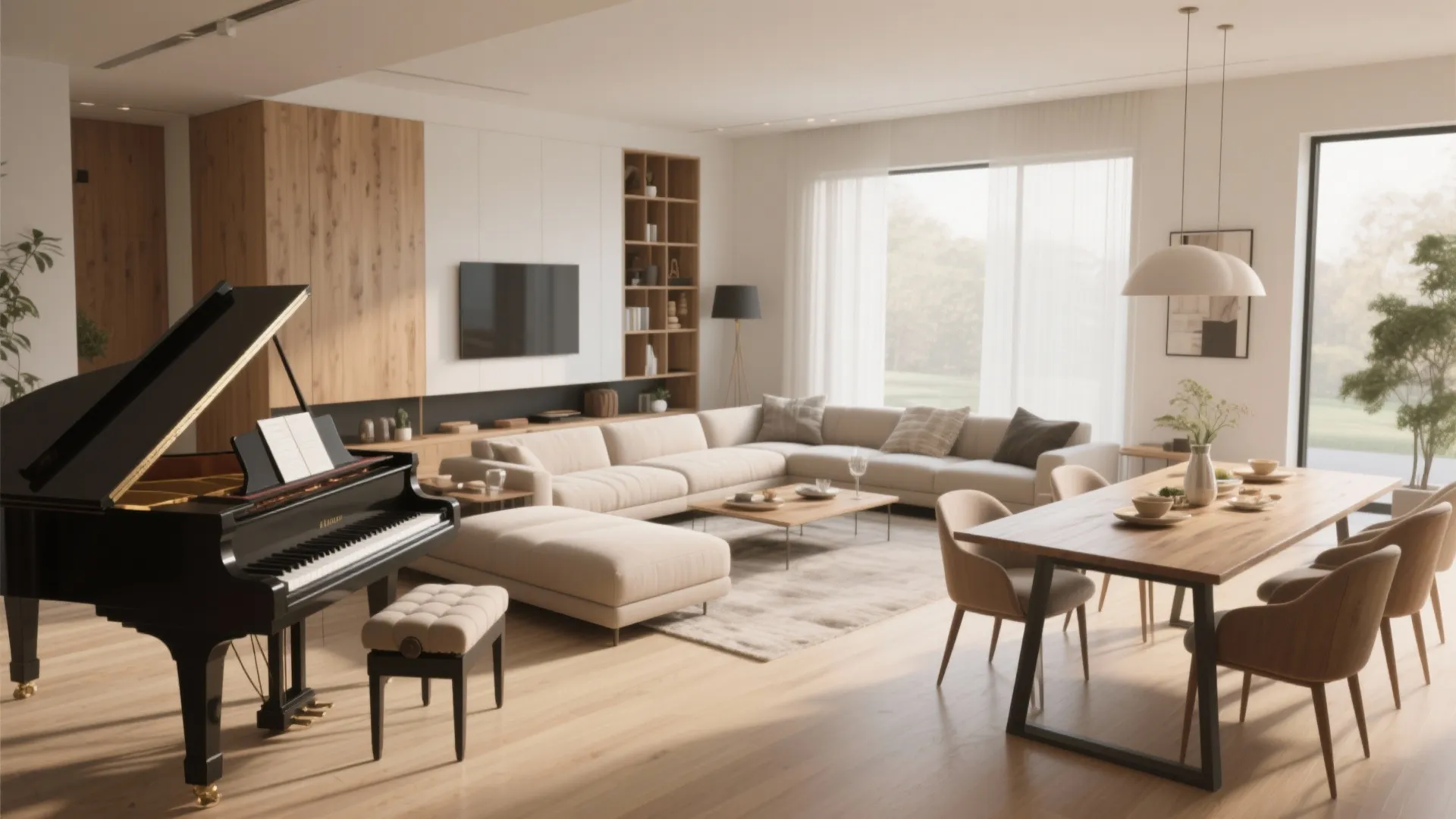 Modern living room with piano, large beige sofa, wooden dining table, and bright natural light