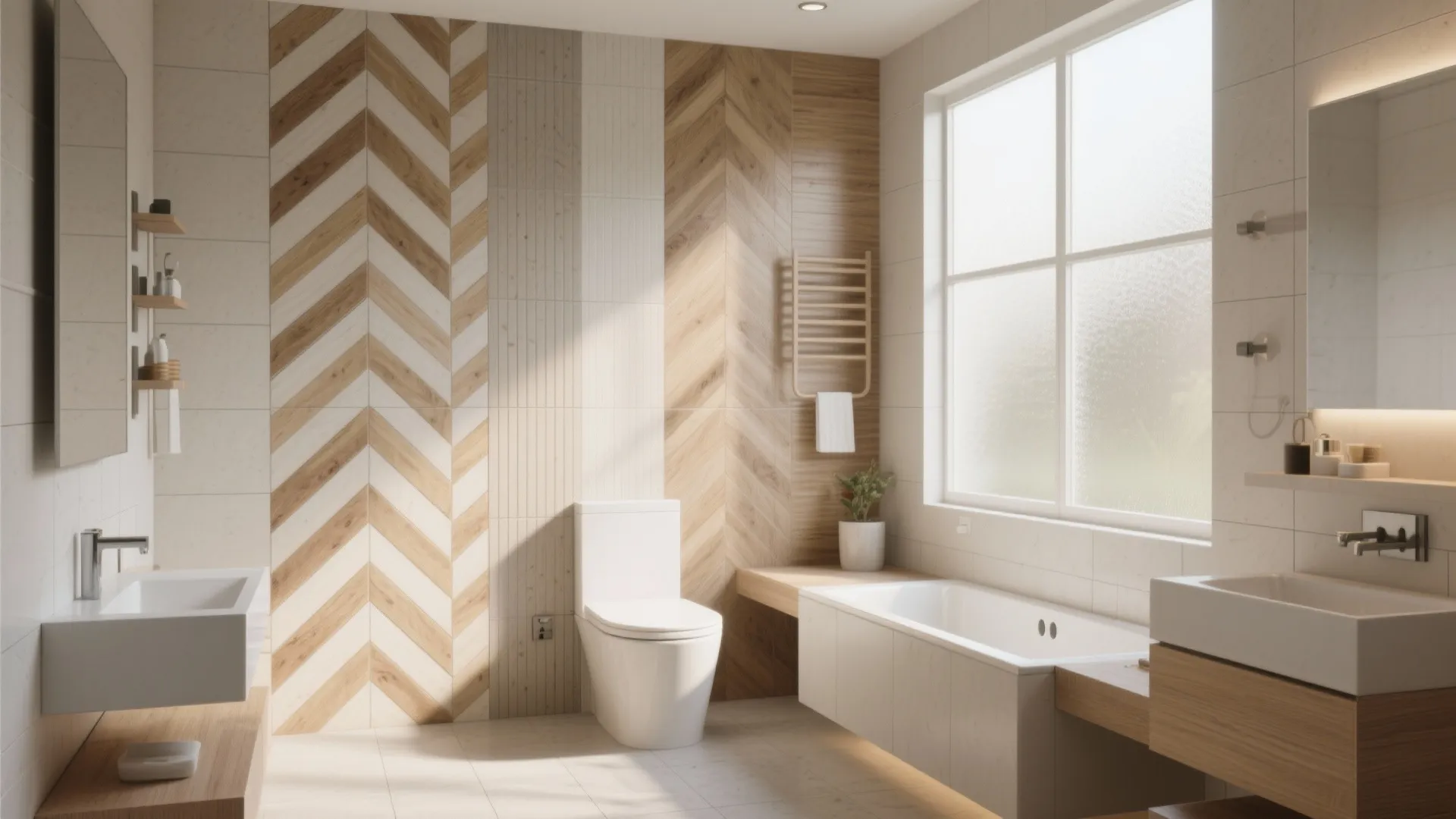Modern bathroom featuring chevron wood wall panels with a white toilet bathtub and double sinks