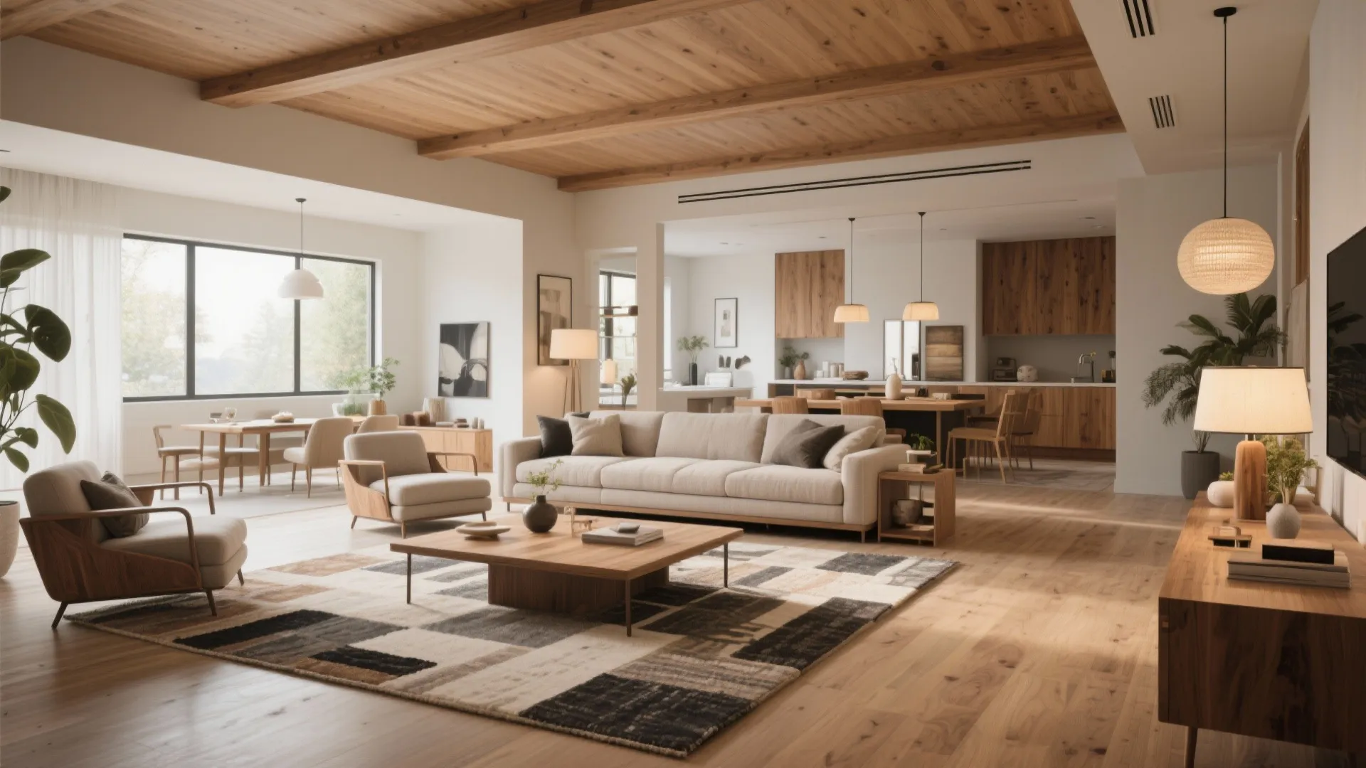 Large open living room with wooden ceiling beams beige sofa patterned rug and wooden coffee table