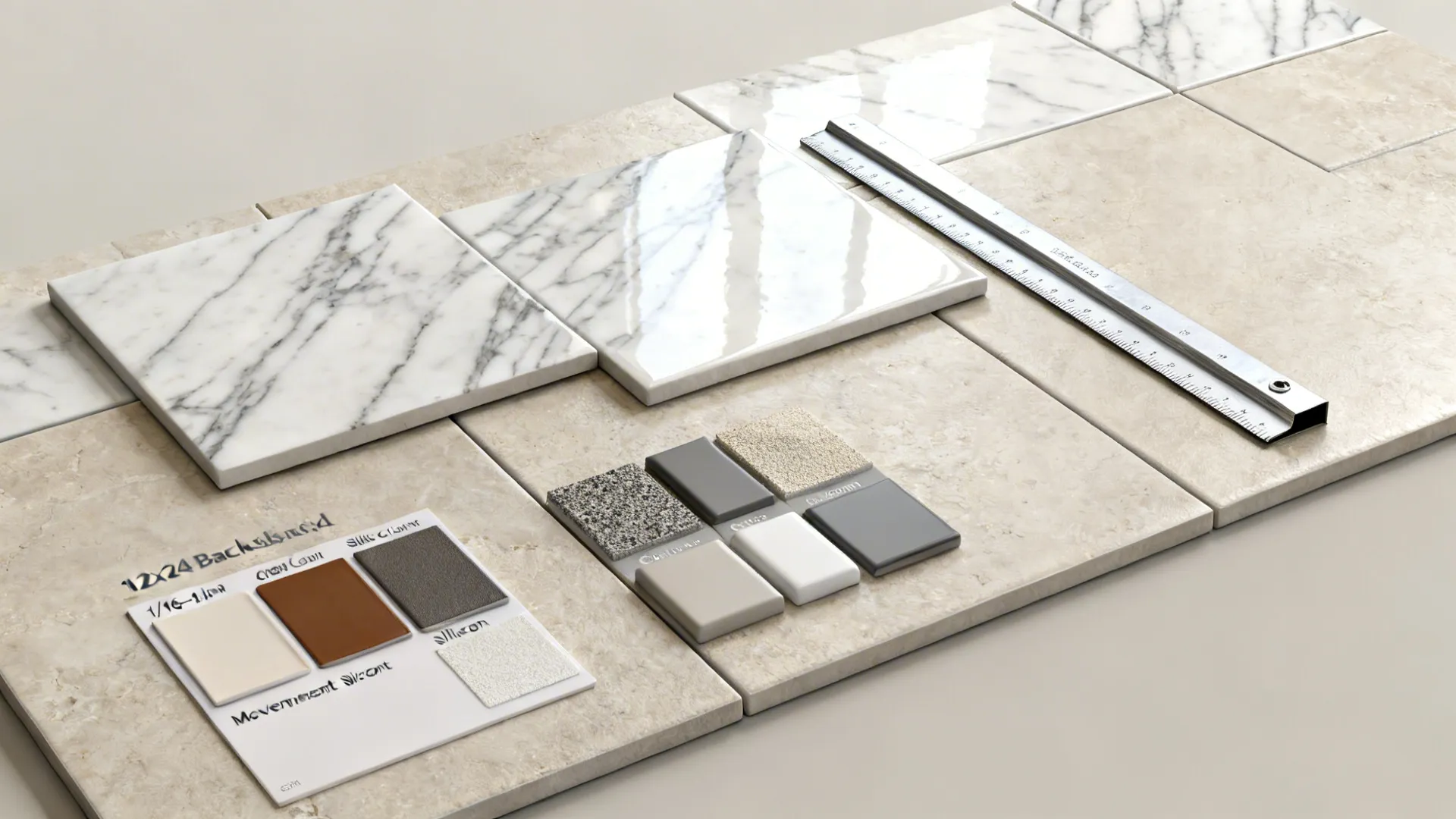 Flatlay of 12x24 porcelain samples with vein-match, grout and silicone color swatches for tight joints.