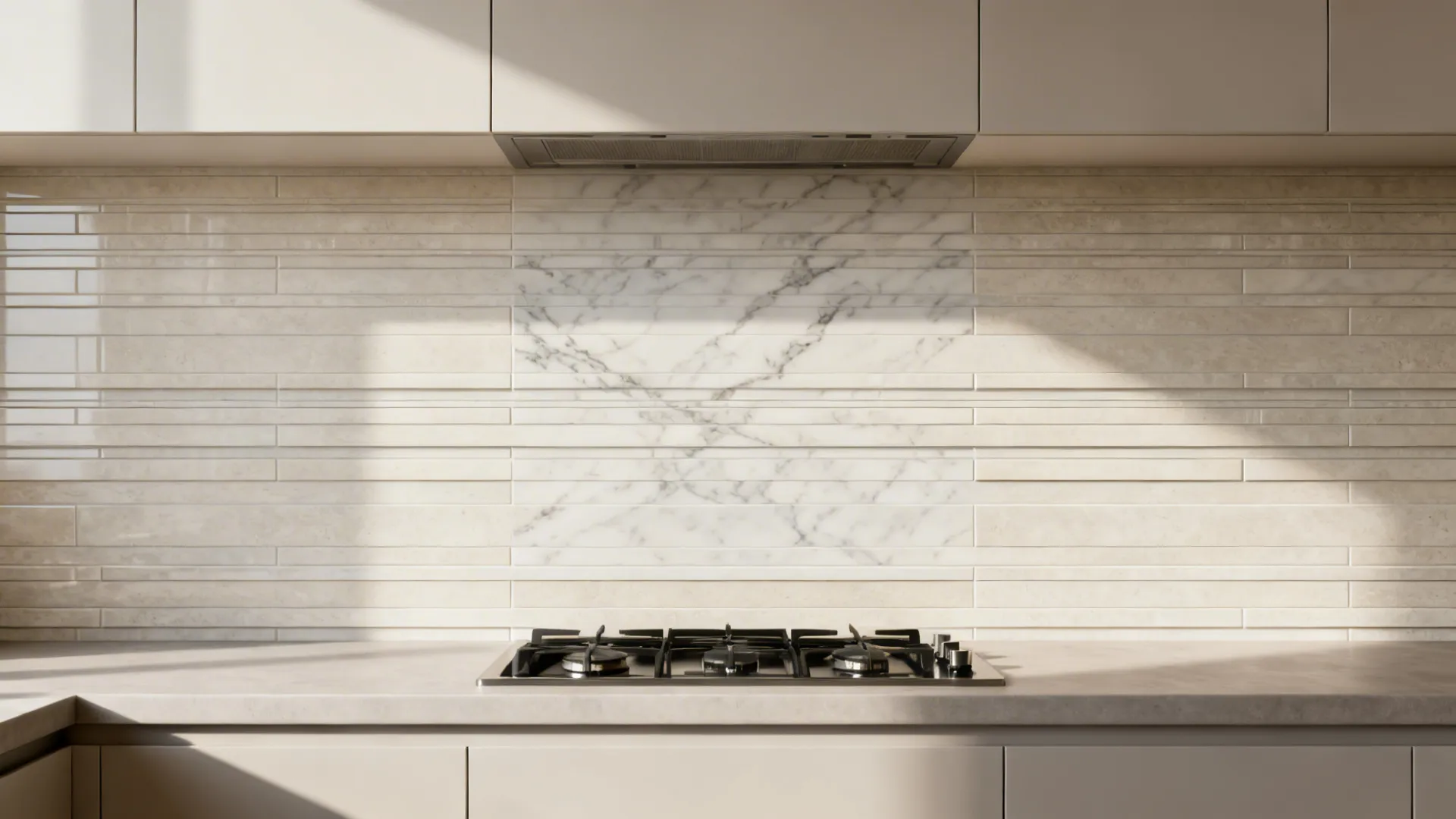 12x24 rectified porcelain backsplash with tight grout creating a near-slab look in a minimal kitchen.