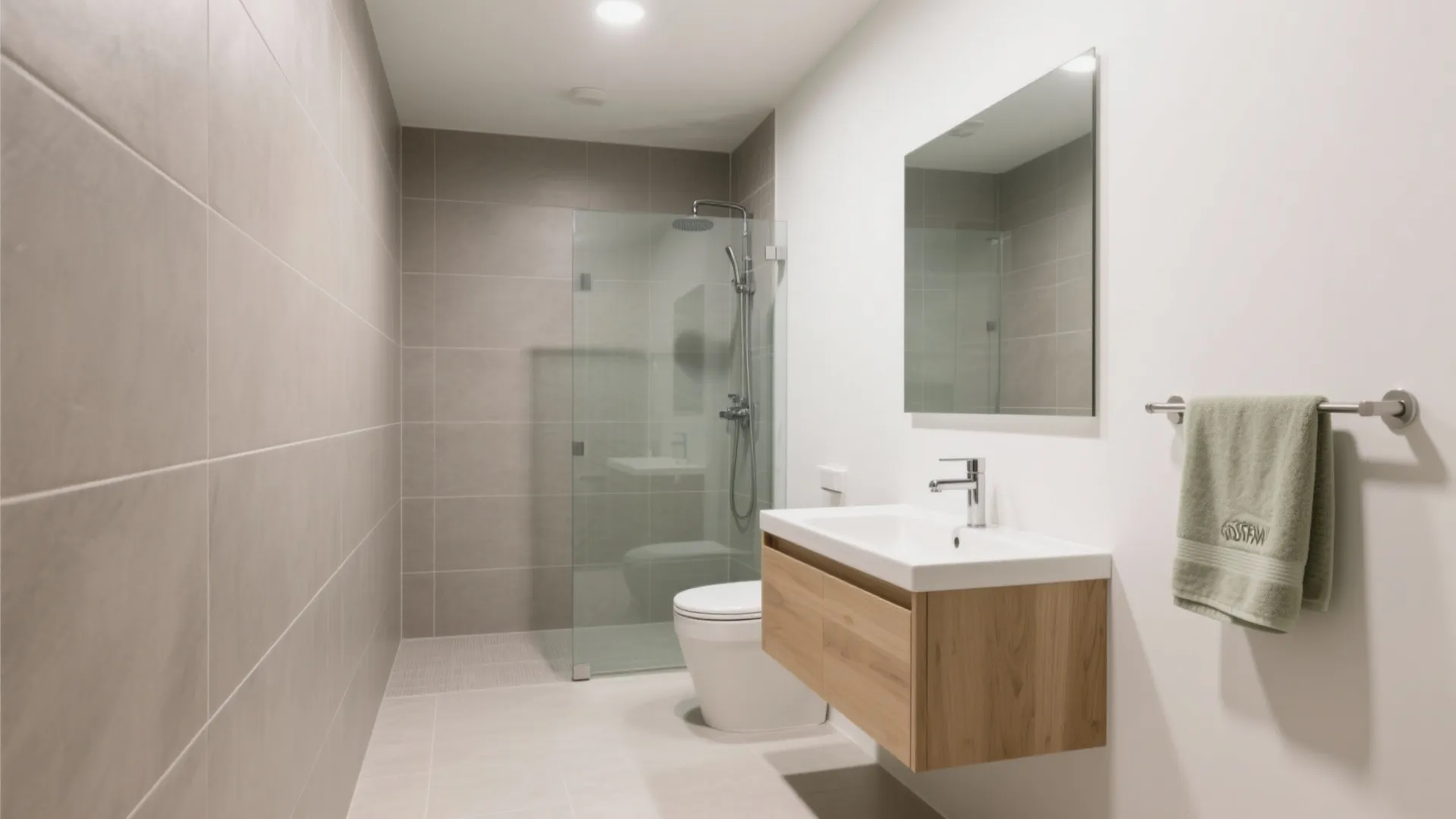 Modern bathroom featuring glass shower wooden sink cabinet large mirror grey wall tiles and toilet