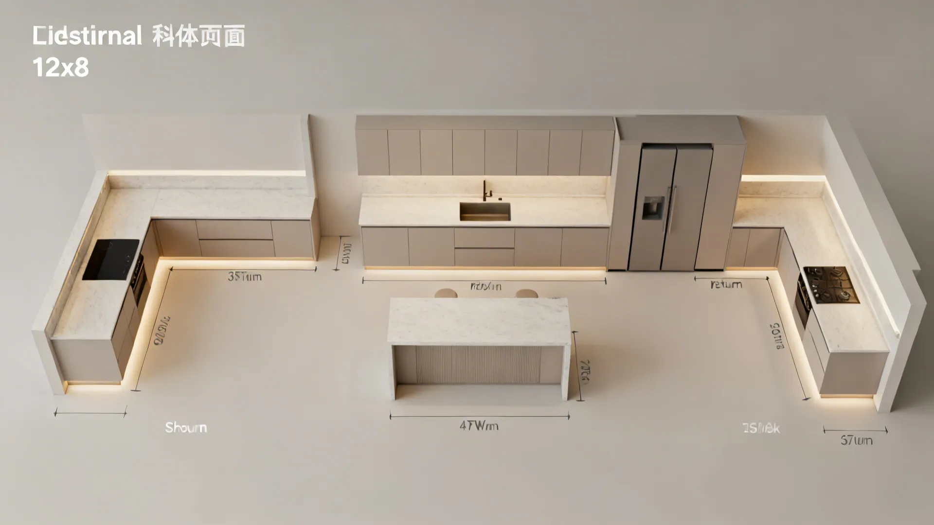 Top-down view comparing L-shape, galley, and compact peninsula layouts in a 12x8 kitchen.