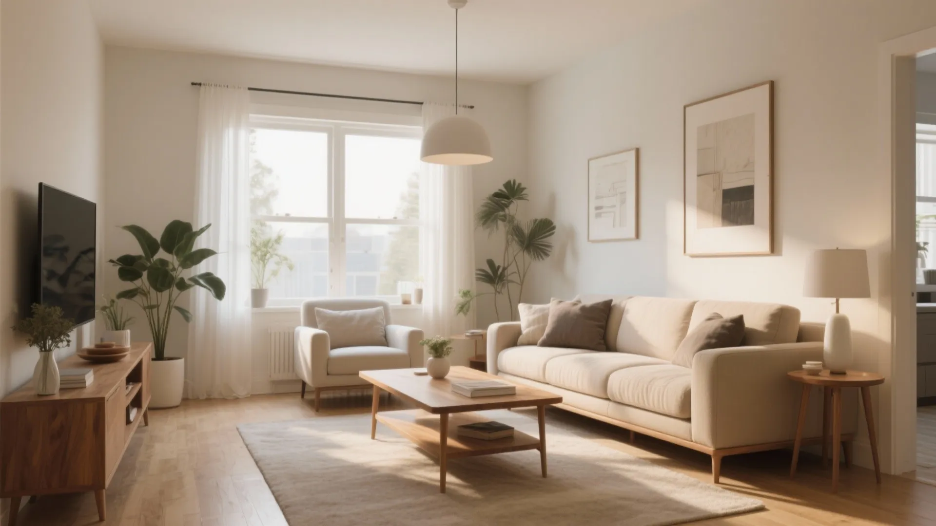 Modern living room featuring cream sofa wooden furniture green plants white curtains and ceiling light