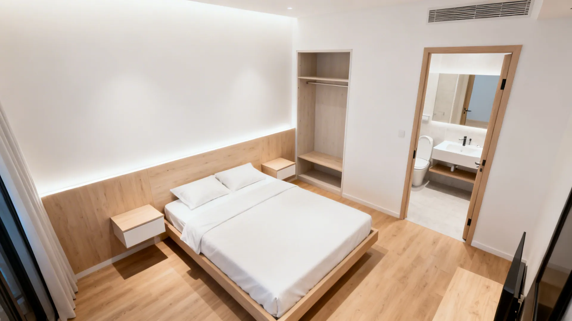 Top-down layout with centered queen, shallow wardrobe wall, and pocket-door ensuite for clear circulation.