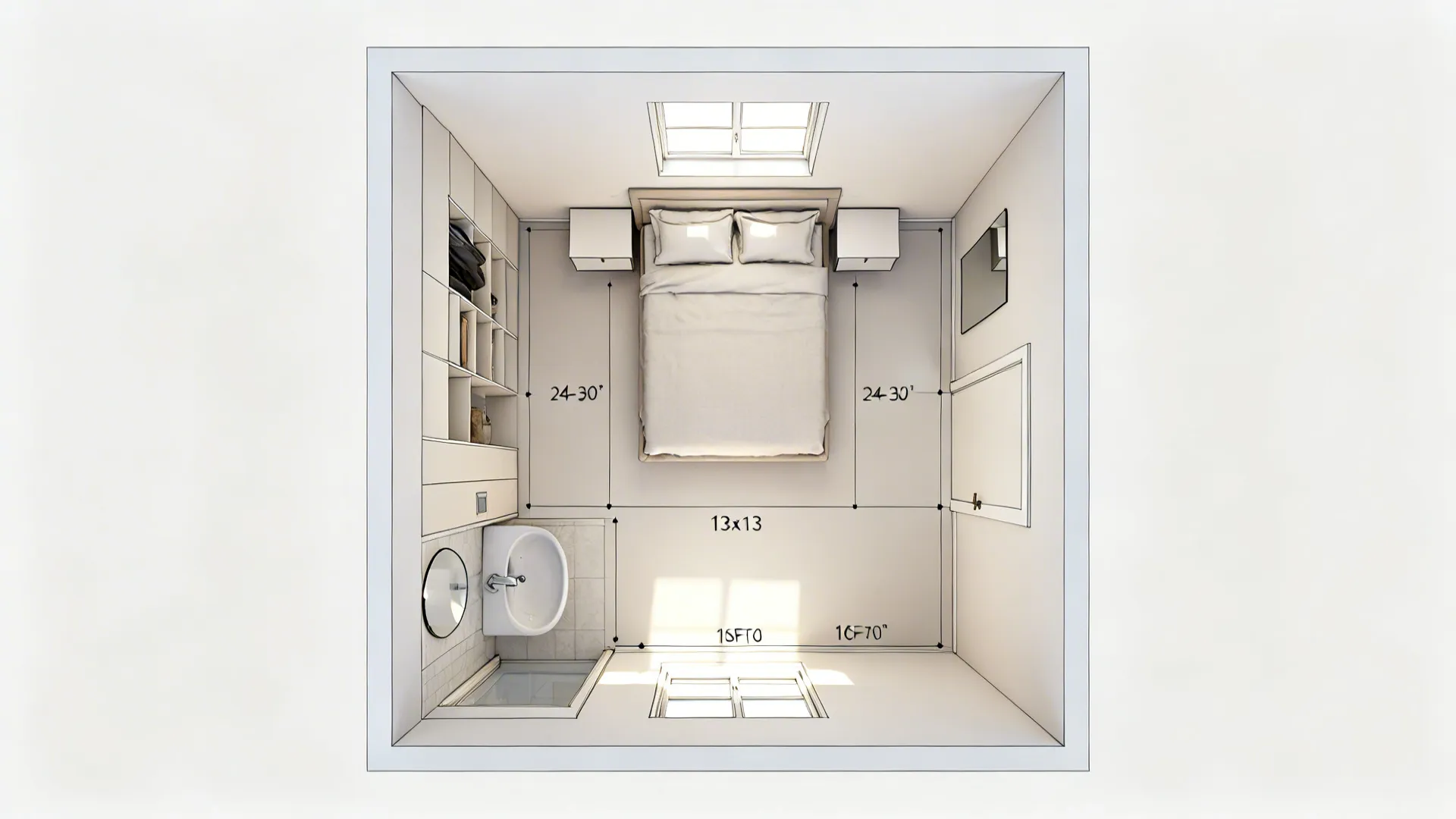 Top down room layout showing a bed, sink, shower area, and windows with dimension lines
