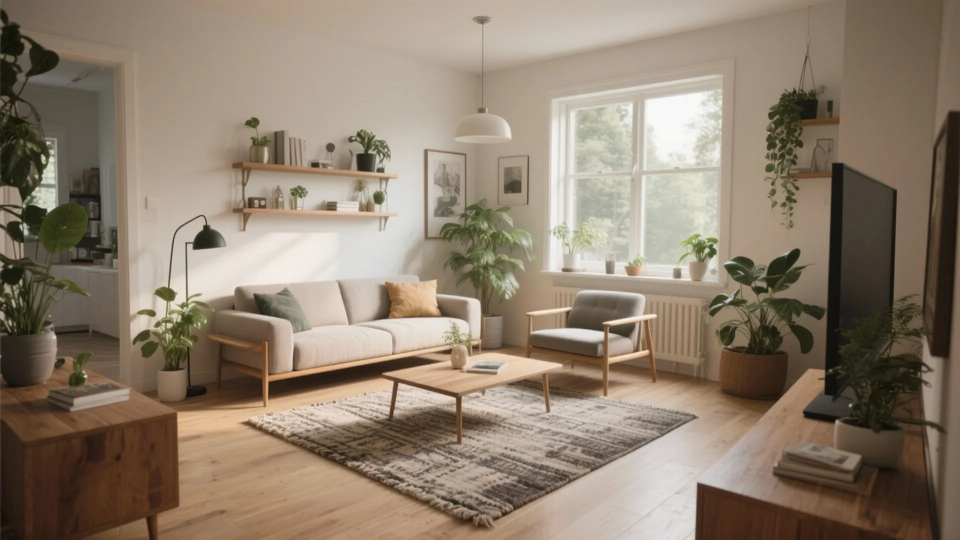 Bright living room with grey sofa wooden coffee table many green plants and a window