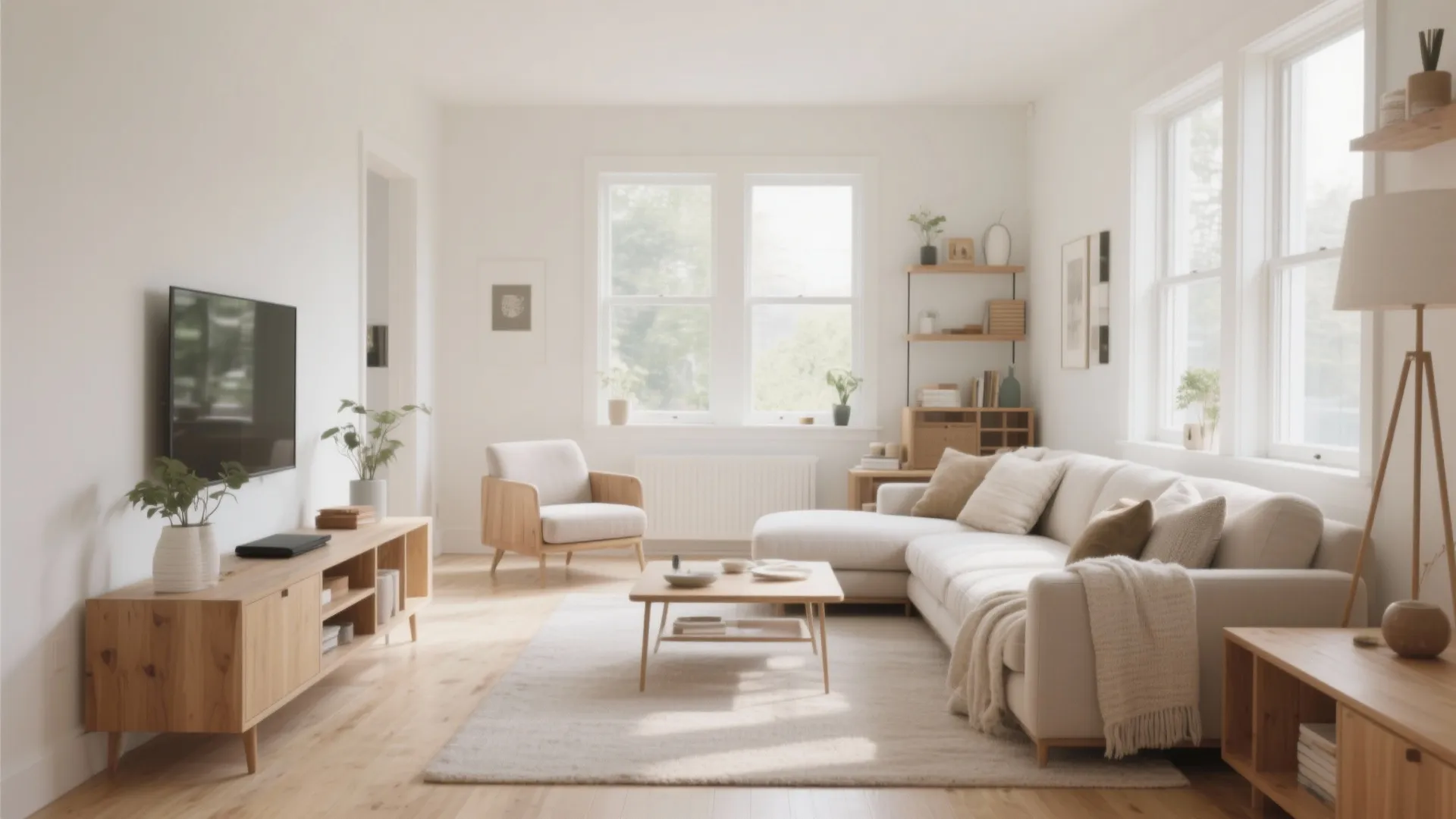 Bright living room featuring white sofa wooden coffee table television cabinet large windows and floors