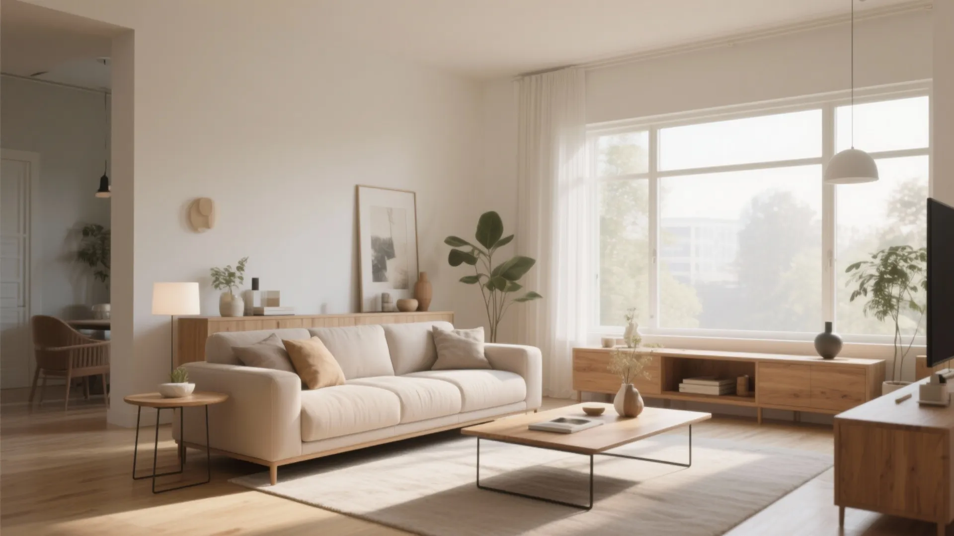 Modern bright living room with cream sofa wood furniture large windows and plenty natural light