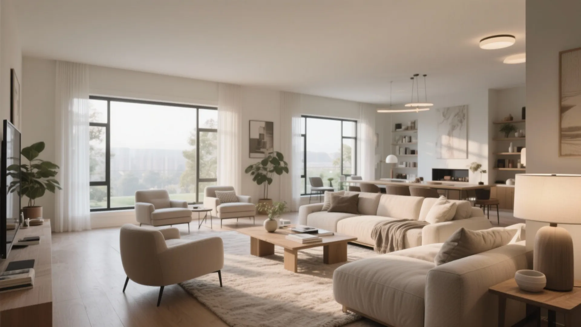 Spacious living room with large beige sofa set wooden coffee table rug and big bright windows